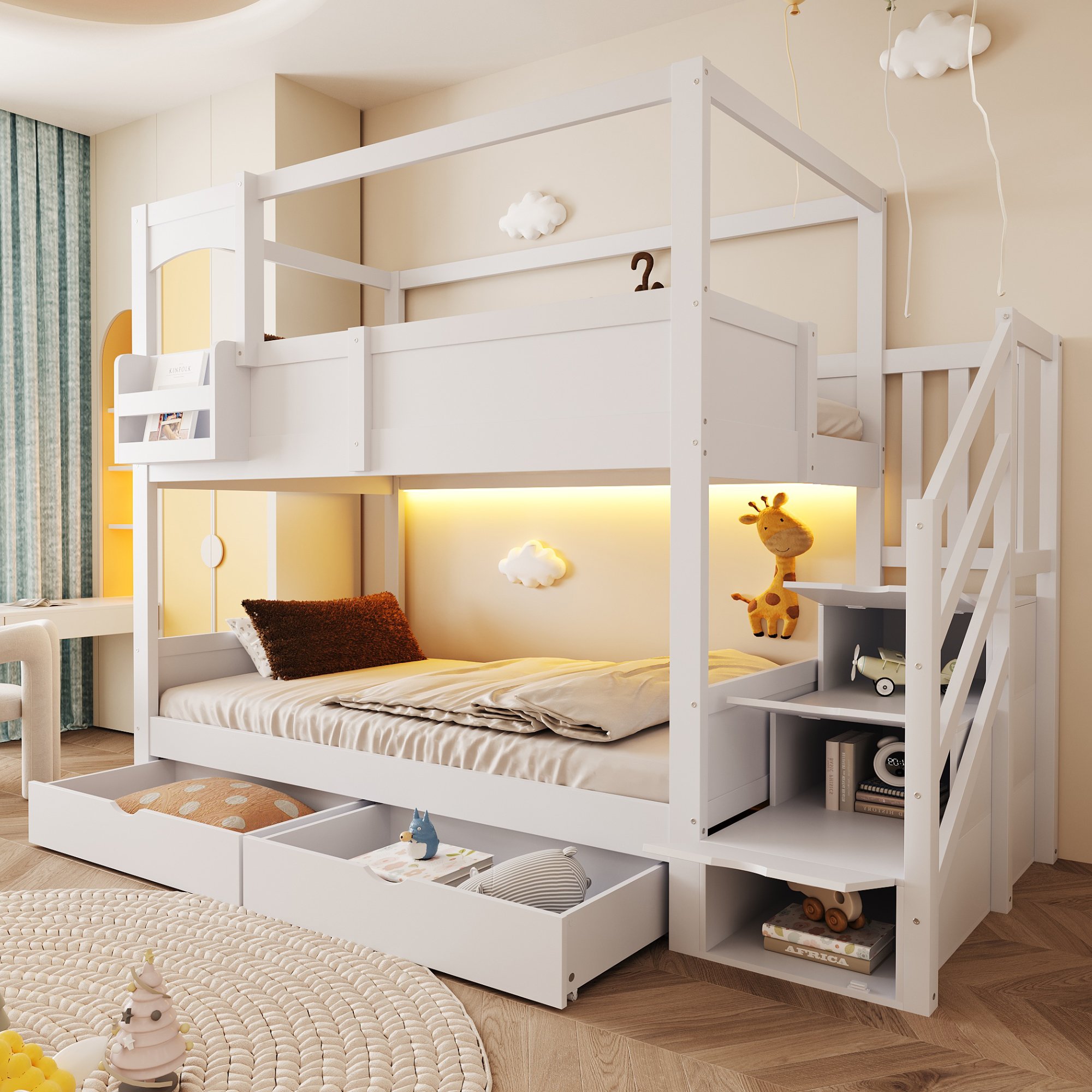 Lit superposé 90x200 cm pour enfant, 2 couchages, avec rangements et échelle, blanc