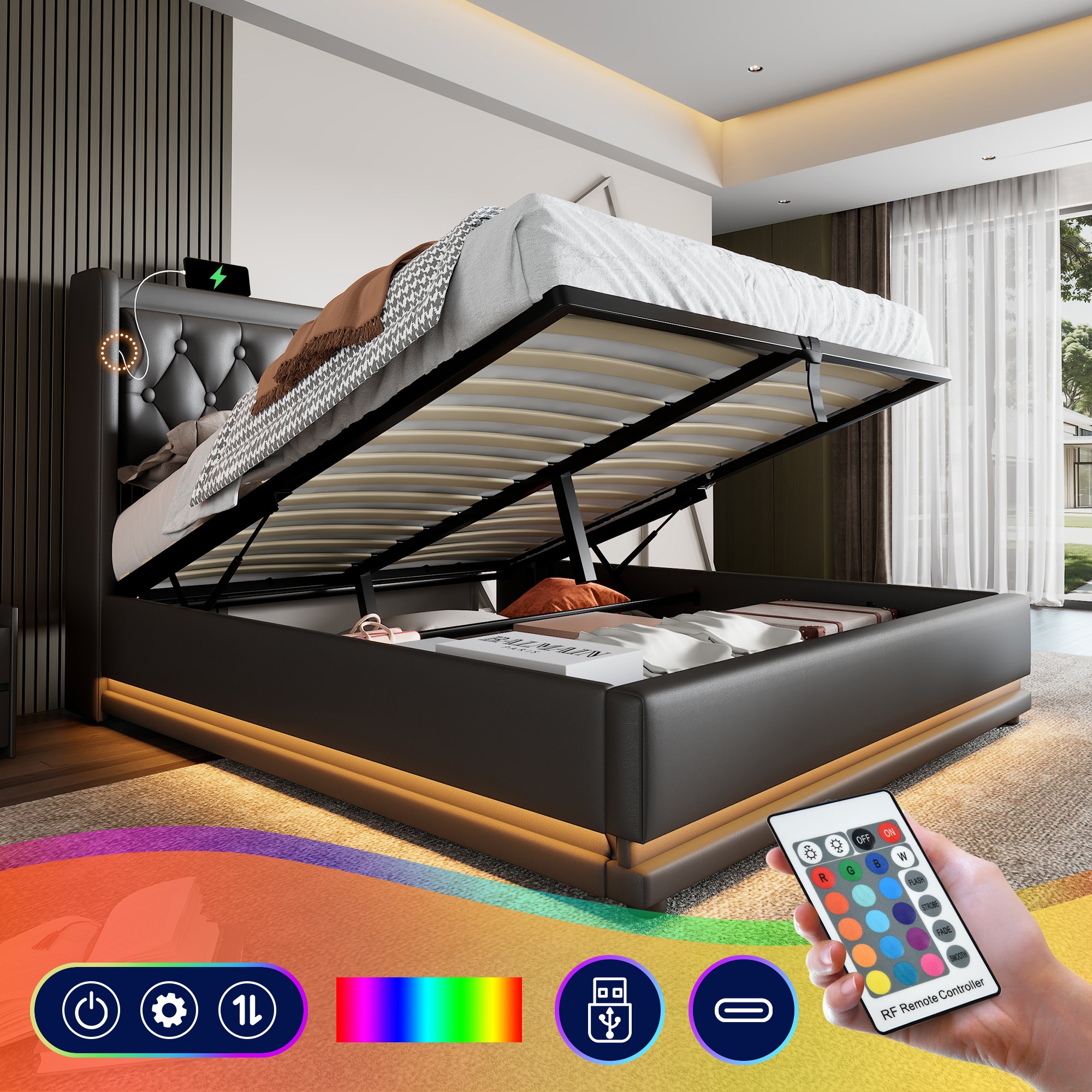 lit coffre double 140x200 cm avec structure métallique robuste, tête de lit rembourrée 28 cm et éclairage LED ambiant