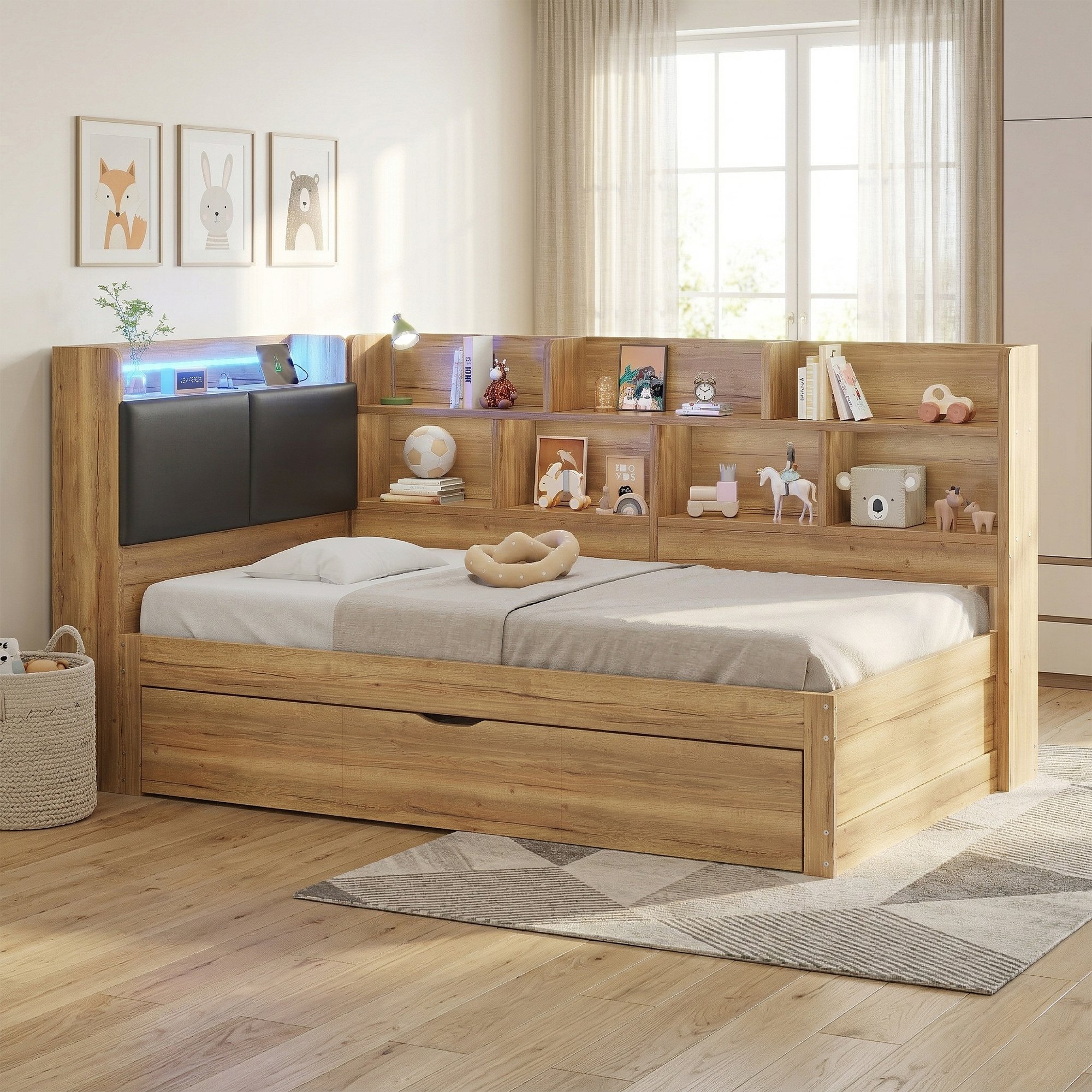 Lit gigogne avec rangement 90x200 Panneau composite de fibres de bois à densité naturel, LED contrôlée par appli, ports USB/C et sommier à lattes pour deux enfants
