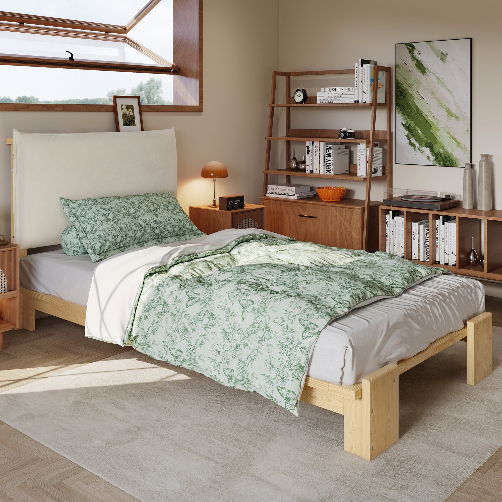 Lit capitonné 90x200 en bois naturel avec tête de lit rembourrée et sommier à lattes