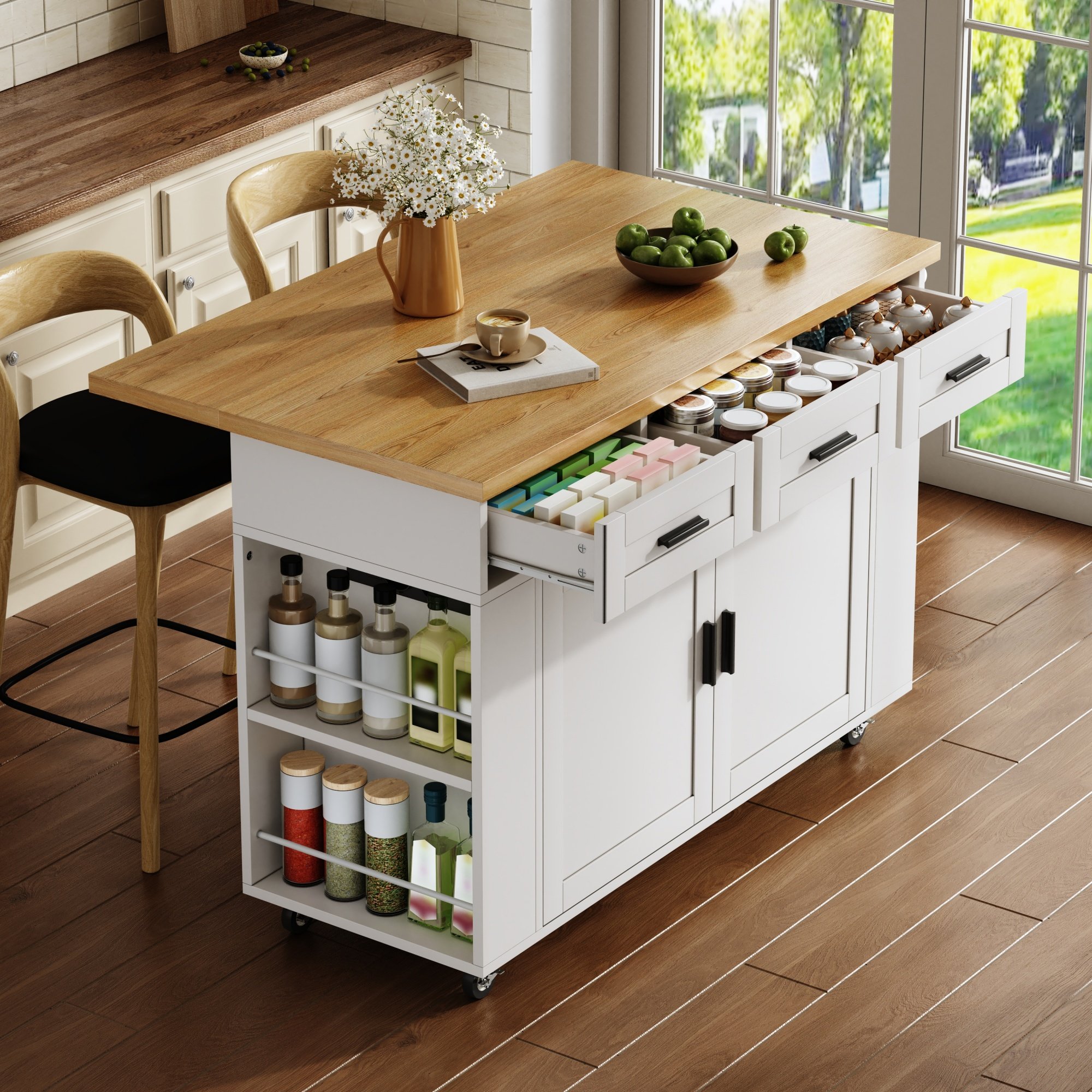 Îlot de cuisine 120x70x84 cm, avec rangement pour poubelle, étagères coulissantes, tiroirs et prises, blanc
