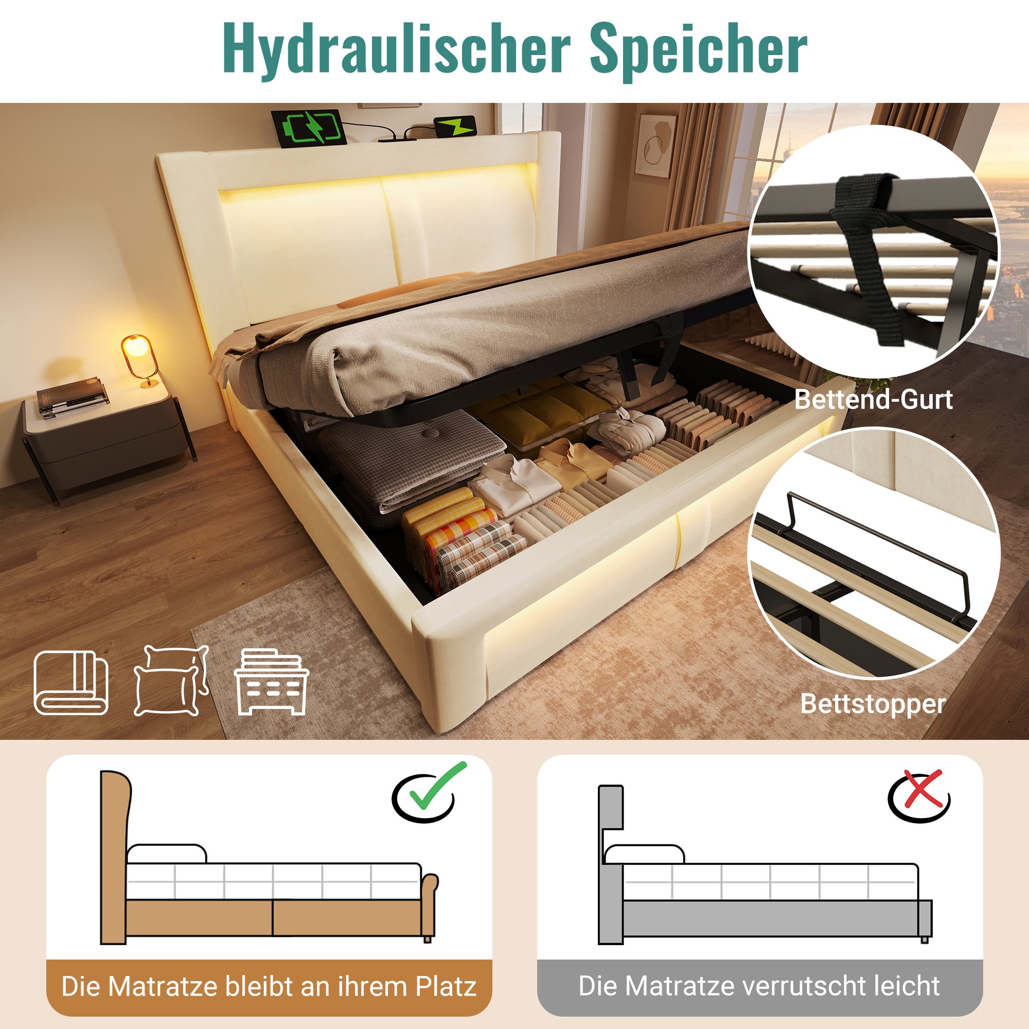 lit coffre 90x200 en velours beige avec rangement hydraulique, LED, ports USB Type-C et sommier à lattes