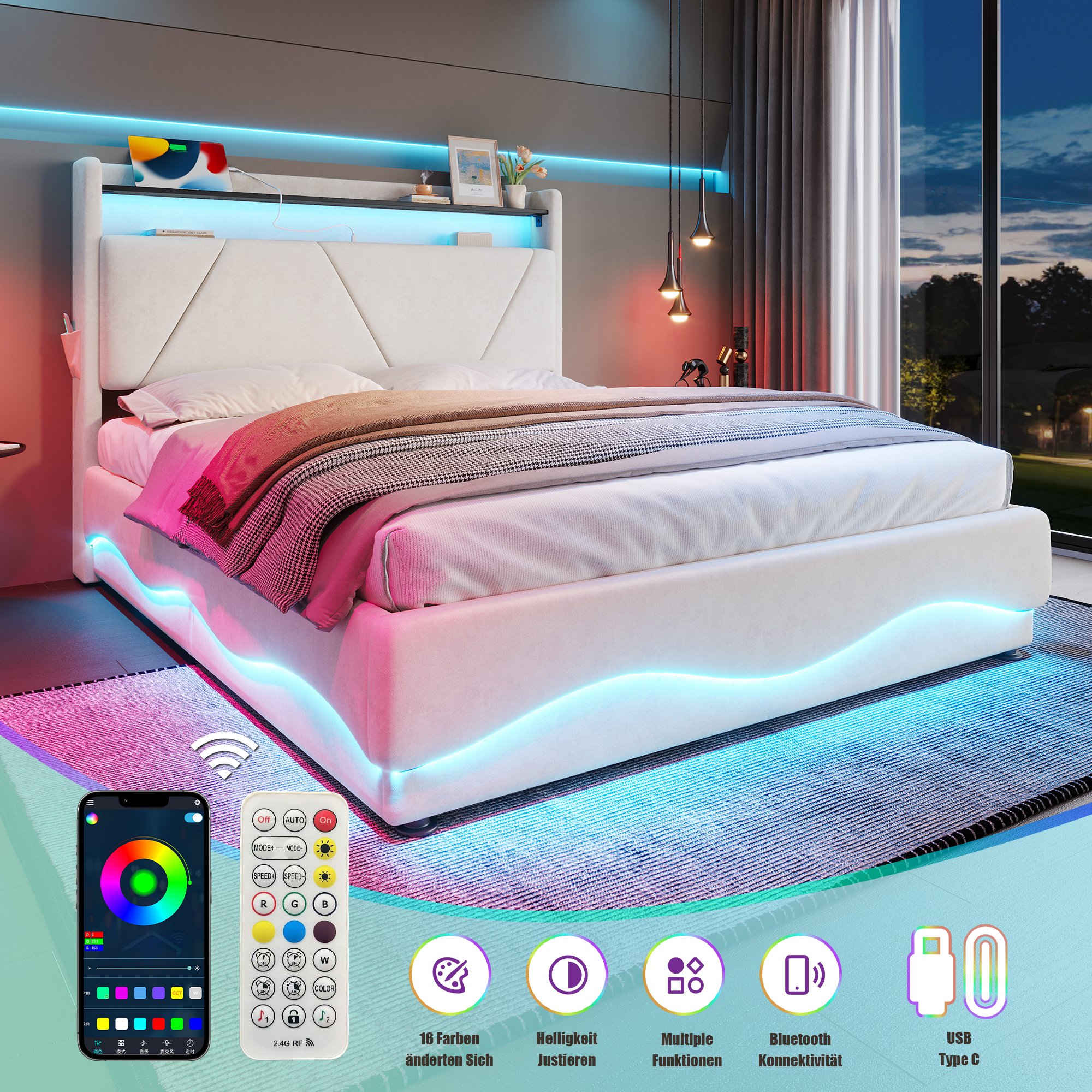 Lit coffre 140x200 en velours beige, tête de lit rembourrée avec LED et rangements