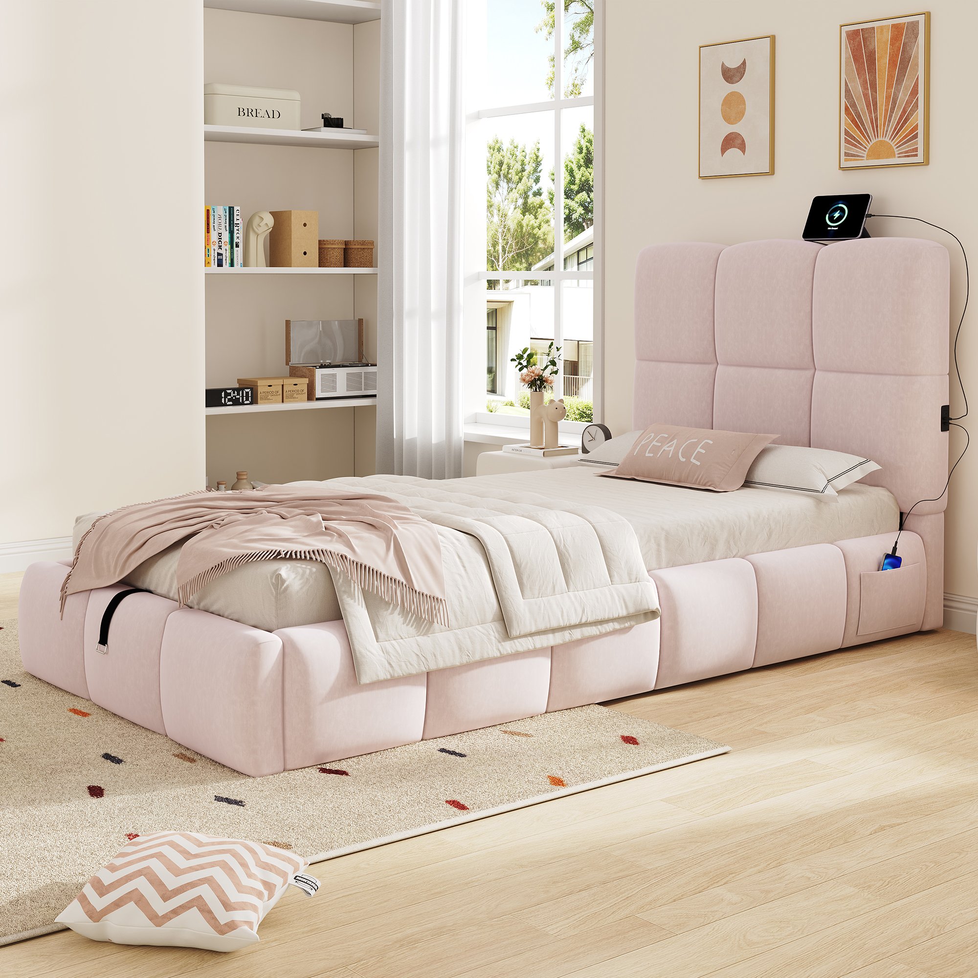 Lit coffre simple 90x200 velours rose avec port USB Type-C, idéal chambre d'enfant fille, rangement caché hydraulique