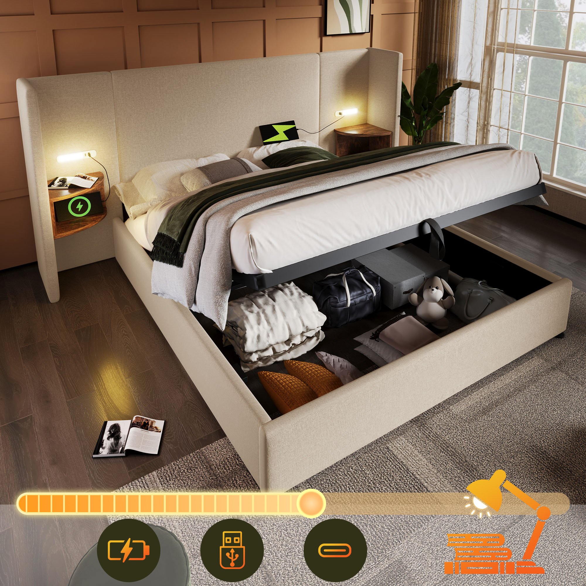 Lit coffre beige structure métal et bois massif revêtement lin, sommier à lattes robuste et rangement sous matelas