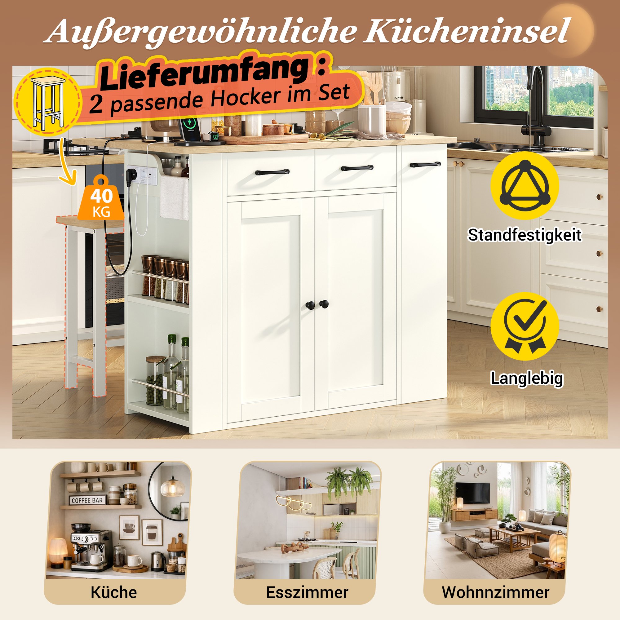 Îlot de cuisine 120x45-75 cm blanc, avec rangement, prises, 2 tabourets, plan rabattable, pour cuisine et salle à manger