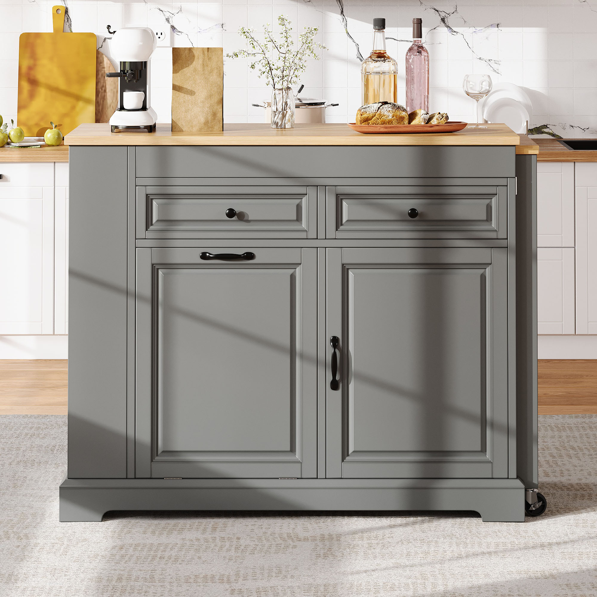 Îlot de cuisine en Panneau composite de fibres de bois à densité avec plan de travail extensible, roulettes freinables, rangements et placard, gris 116x45x92 cm