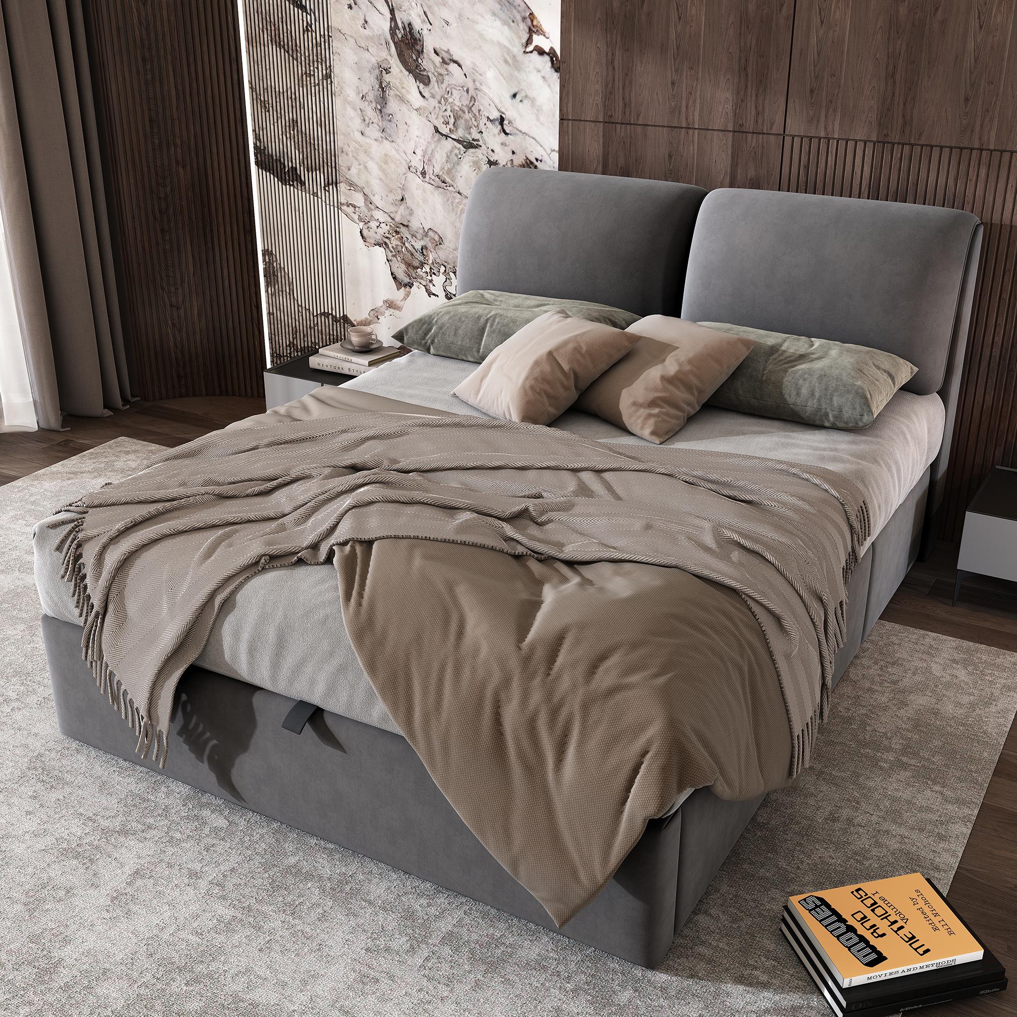 Lit coffre 140x190 velours gris avec ouverture hydraulique facile et trois tiroirs de rangement, optimise l'espace chambre