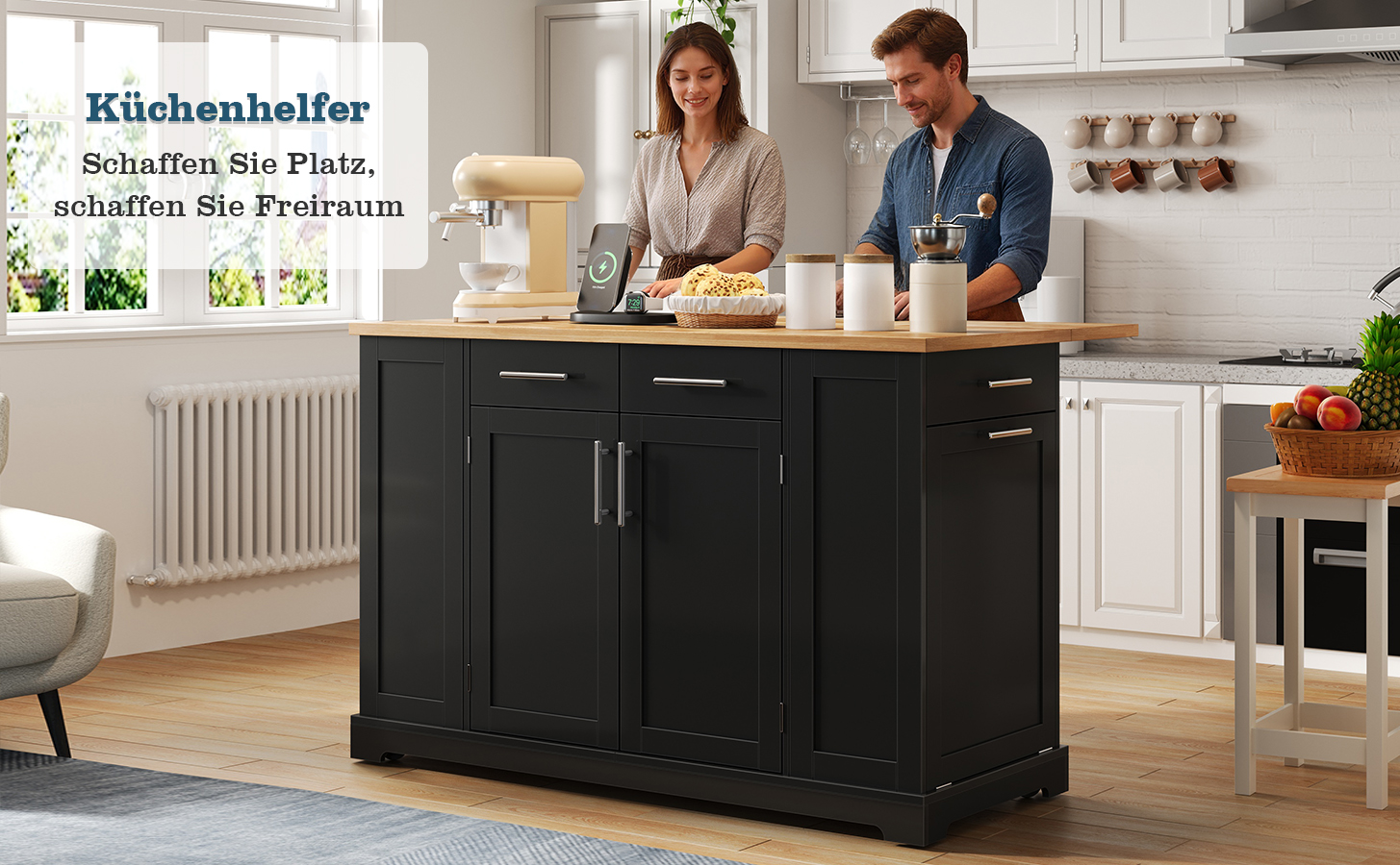 Îlot de cuisine avec plan rabattable et rangement poubelle, roulettes silencieuses, prises 230V et USB, noir bois