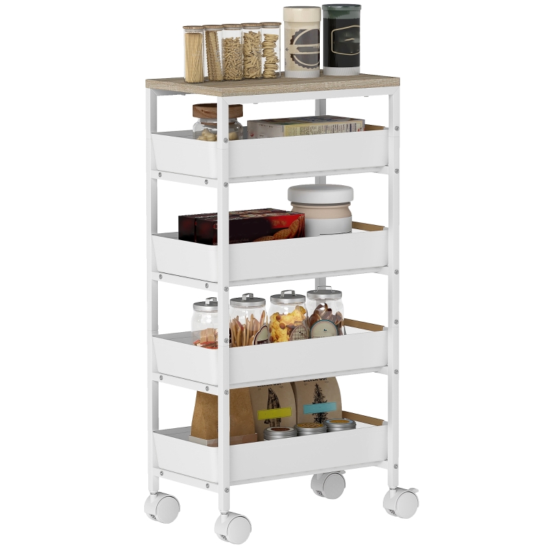 Îlot de cuisine roulant avec rangement, 4 tiroirs, finition bois, blanc, idéal pour espaces étroits, dimensions 39,5x24x82 cm