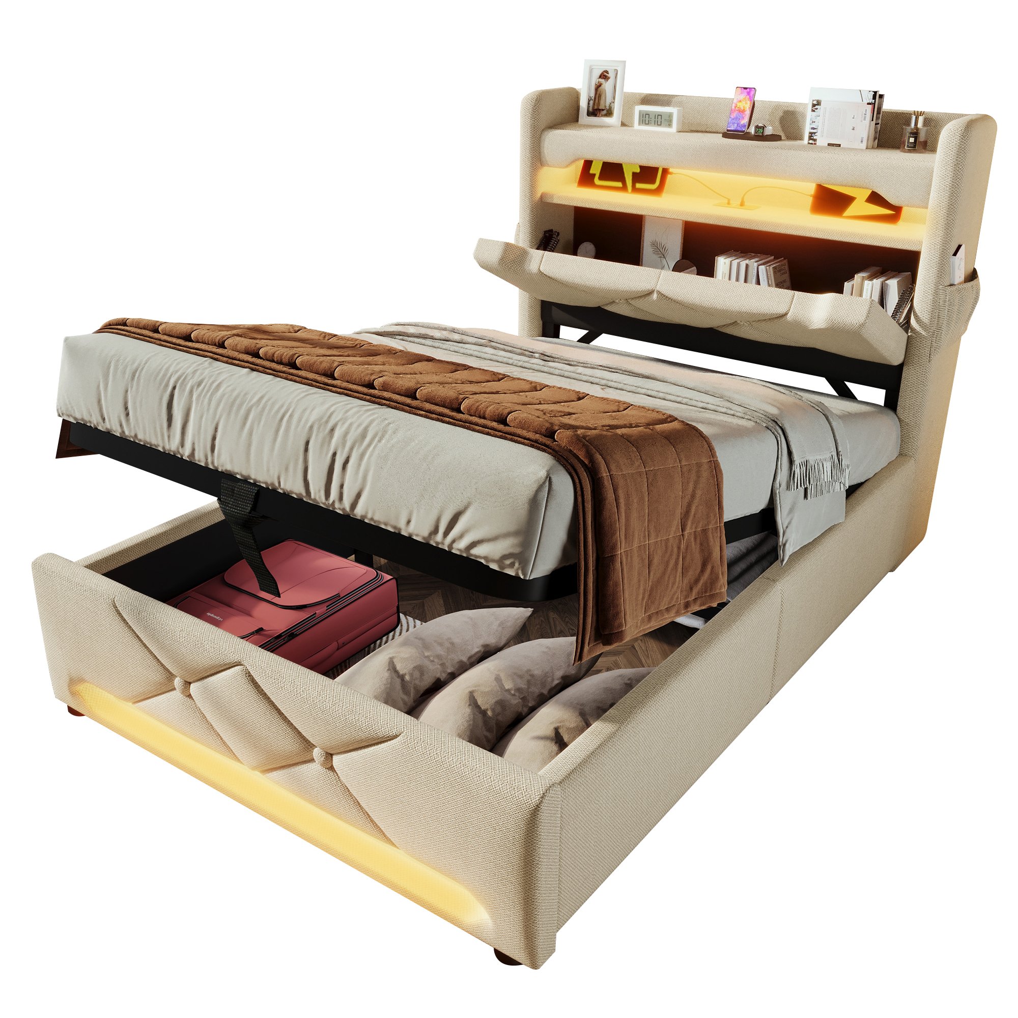 Lit coffre 90x200 beige avec matelas, lit simple rembourré en lin avec LED 360°, rangement hydraulique et ports USB Type-C