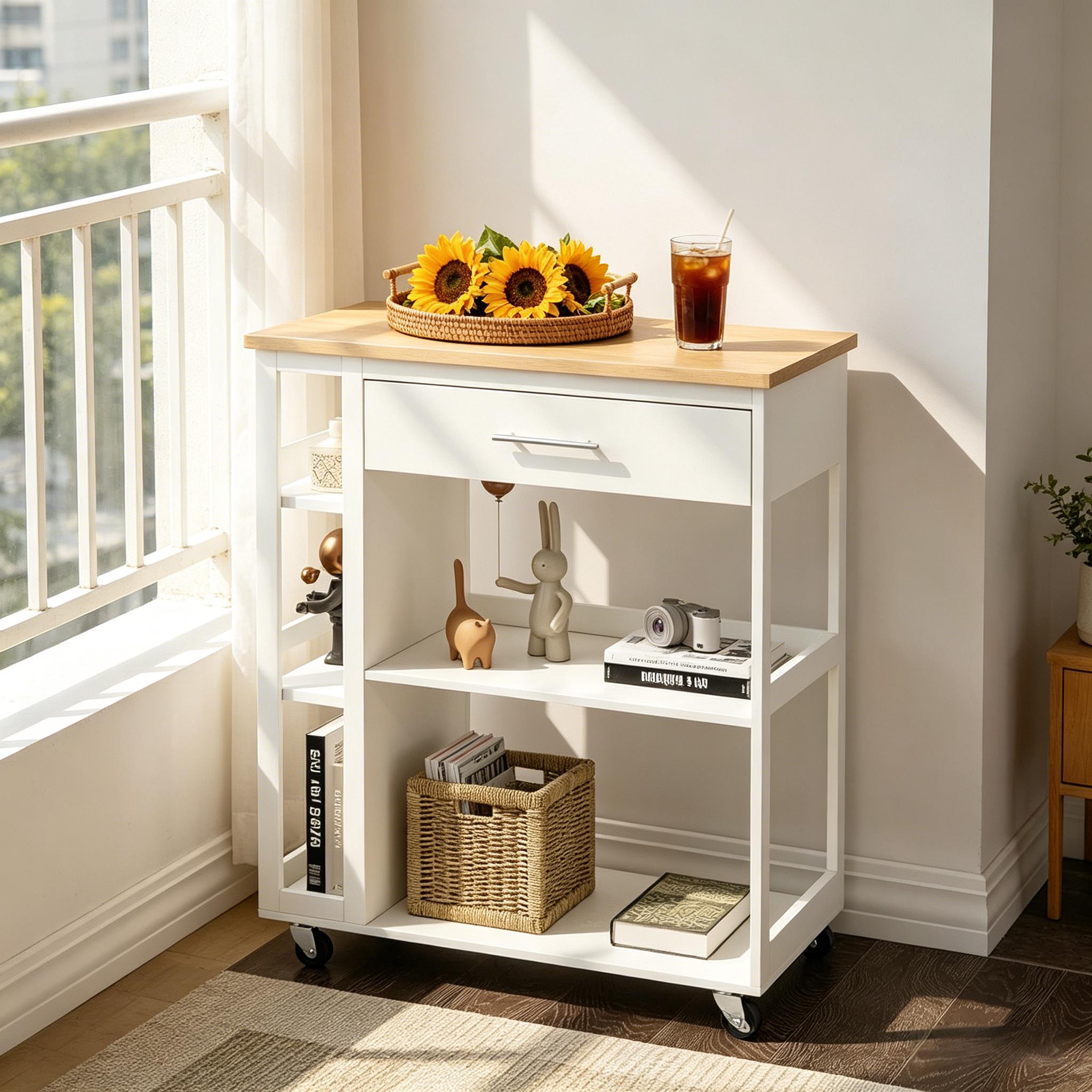 Îlot de cuisine sur roulettes blanc bois Panneau composite de fibres de bois à densité avec tiroir, étagères et plan de travail 73x38 cm, rangement pour cuisine ou salon