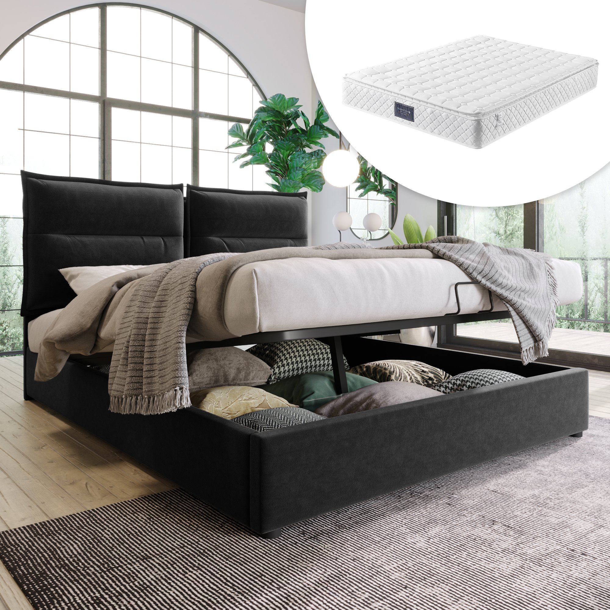 lit coffre 140x200 noir en velours avec rangement hydraulique, tête de lit réglable et sommier à lattes