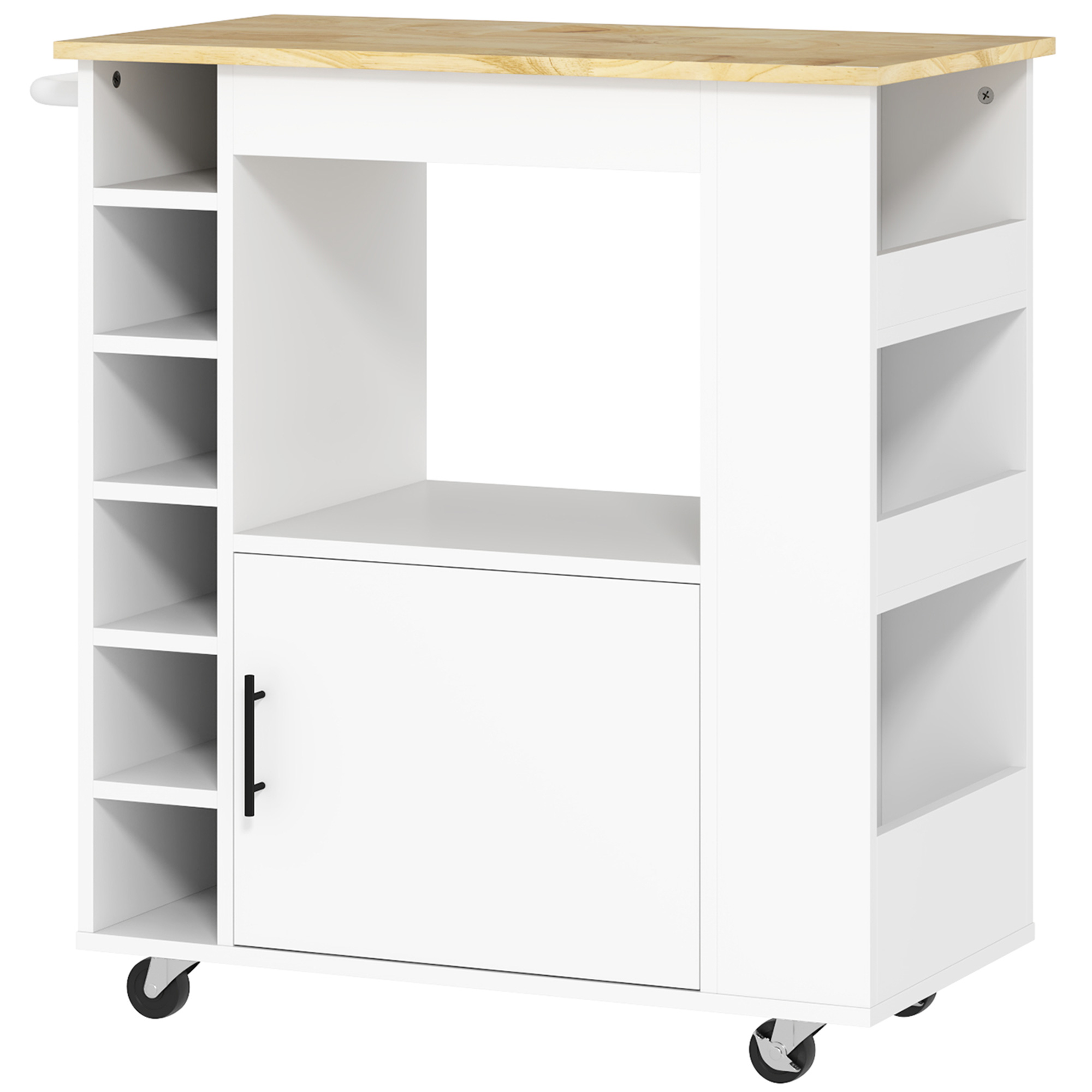 Îlot de cuisine 83x40x83 cm avec rangements, porte-bouteilles et plan de travail, chêne, sur roulettes, pour petit espace