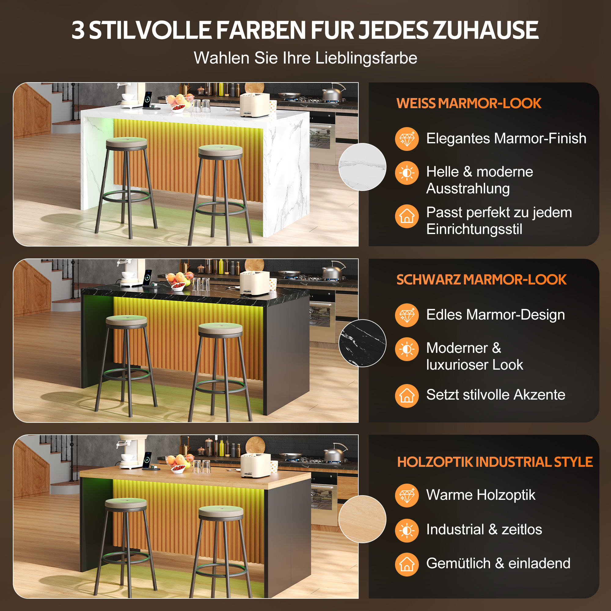 Îlot de cuisine en Panneau composite de fibres de bois à densité avec plan de travail en bois, côtés noirs, dimensions 155x80x90 cm, LED intégrée, design industriel