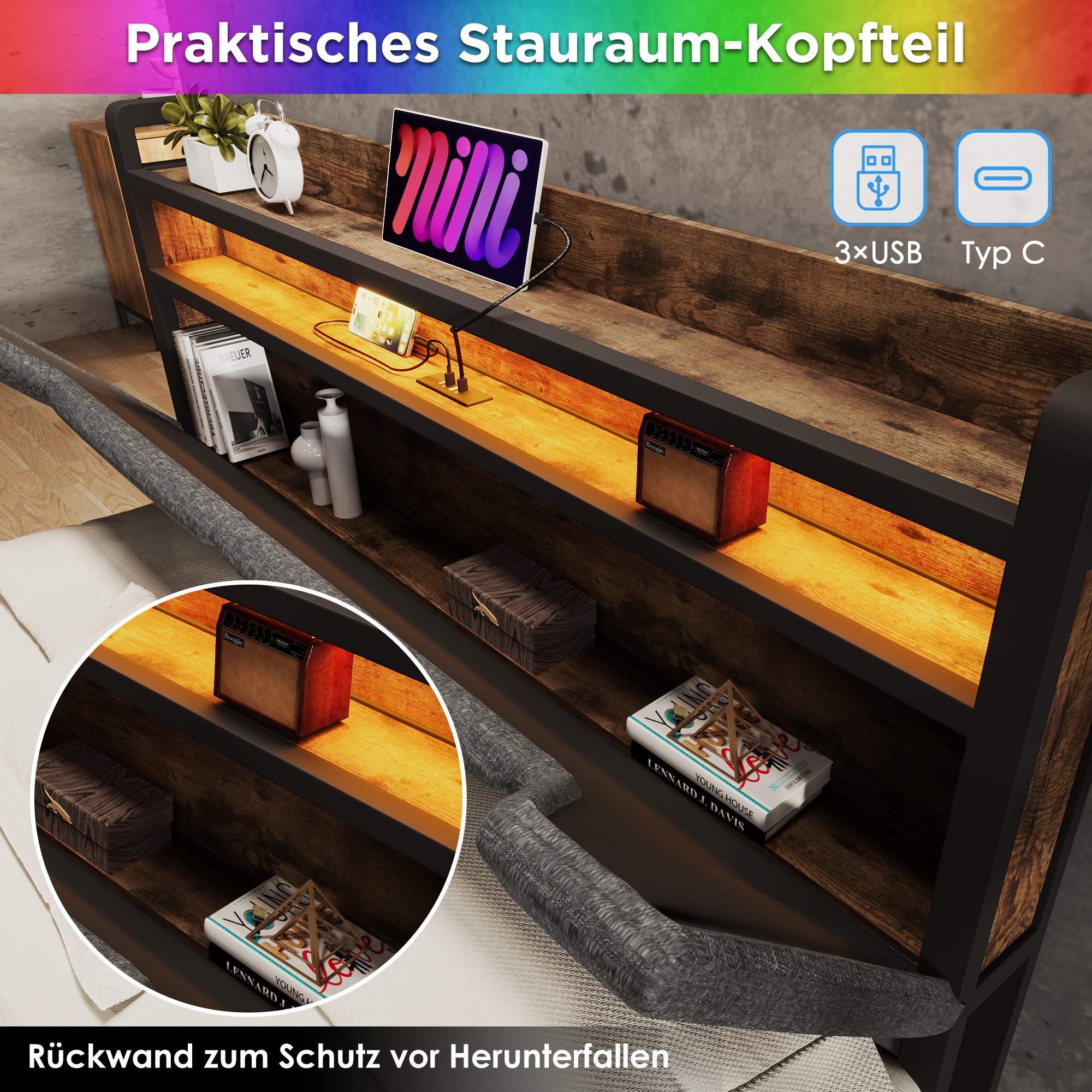 lit coffre 90x200 gris avec matelas, rangement hydraulique, LED, USB Type-C et sommier à lattes