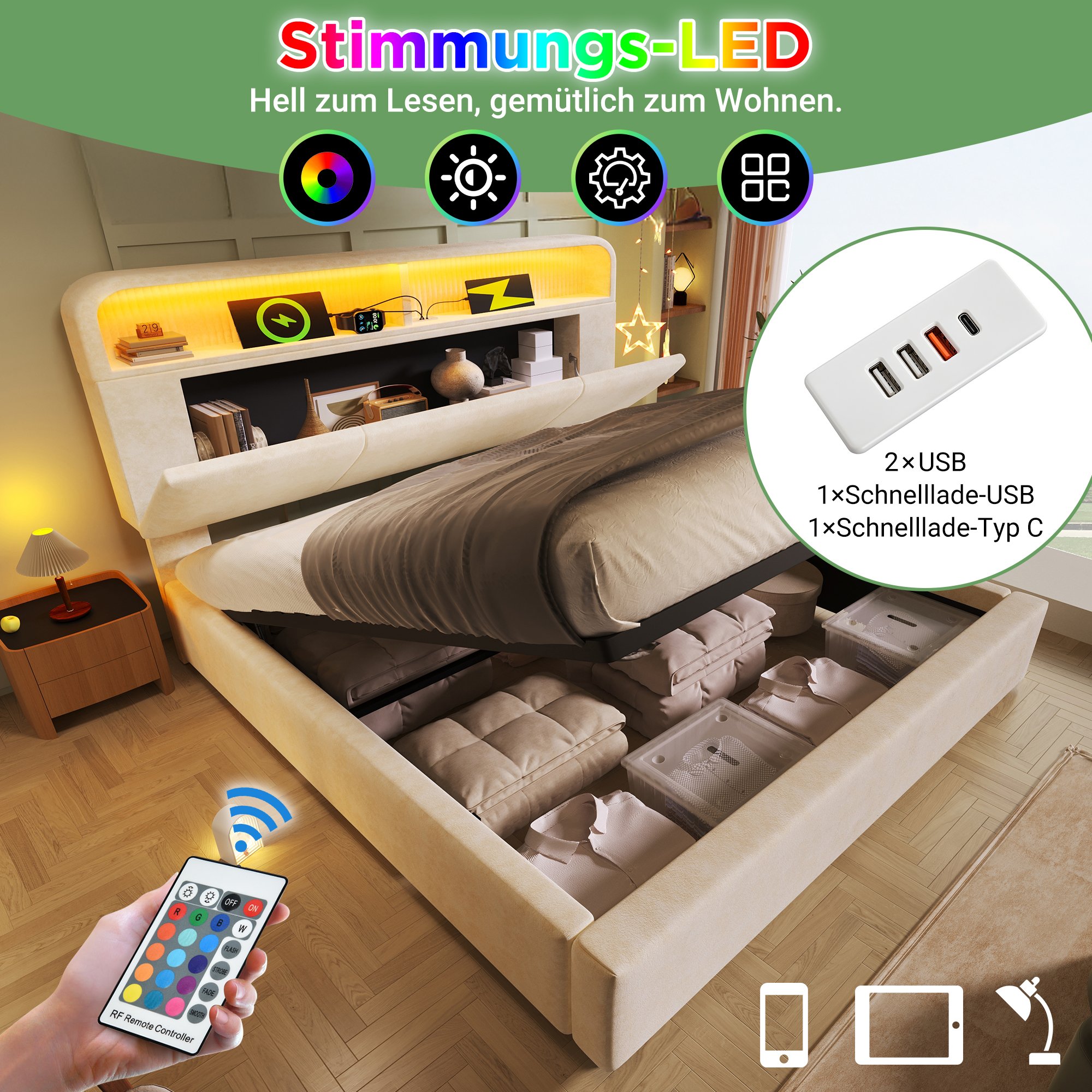 lit coffre 180x200 velours beige moderne avec LED, USB Type-C, rangement tête de lit et sommier à lattes