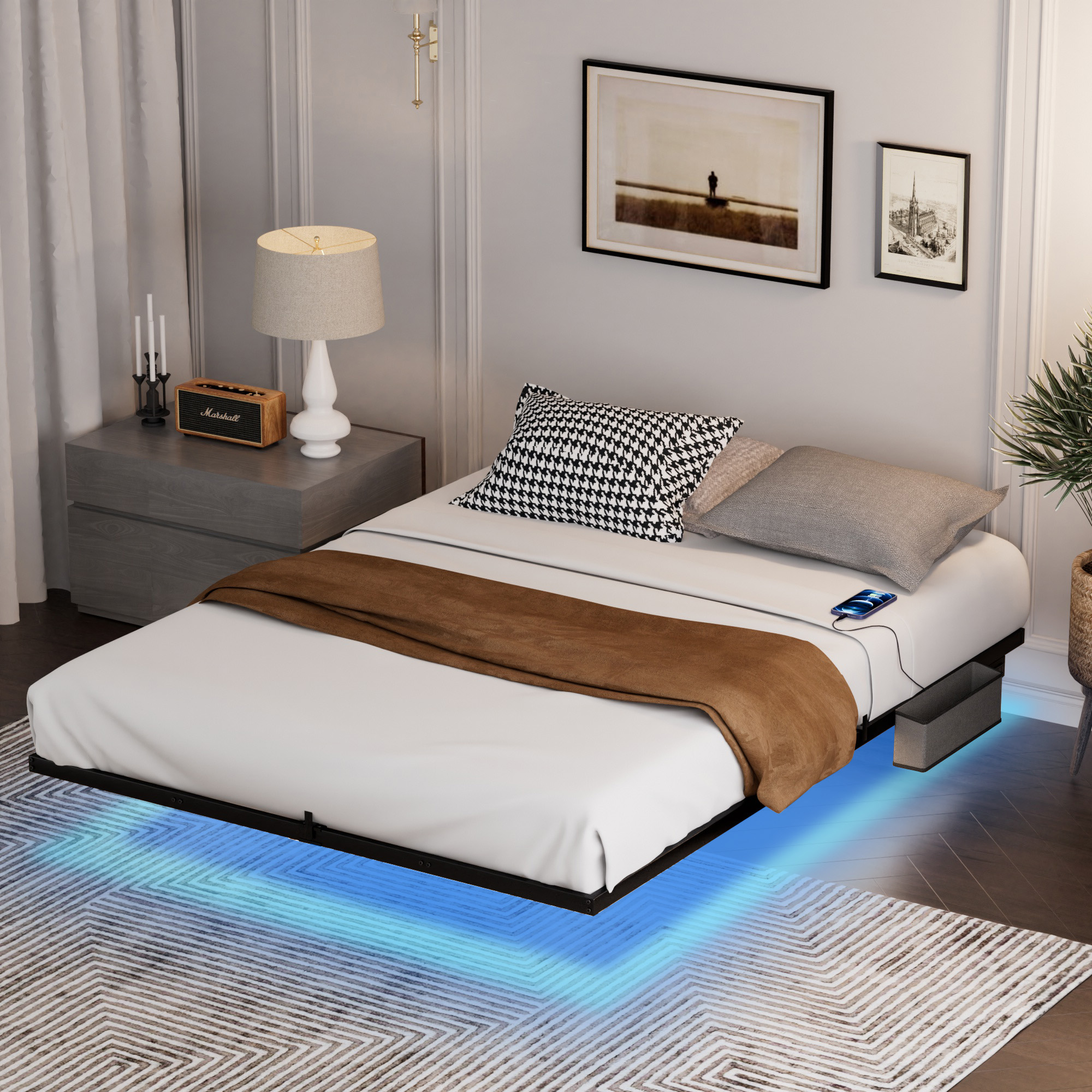 Lit 160x200 avec sommier à lattes, cadre métallique flottant avec LED, USB et Type-C, noir