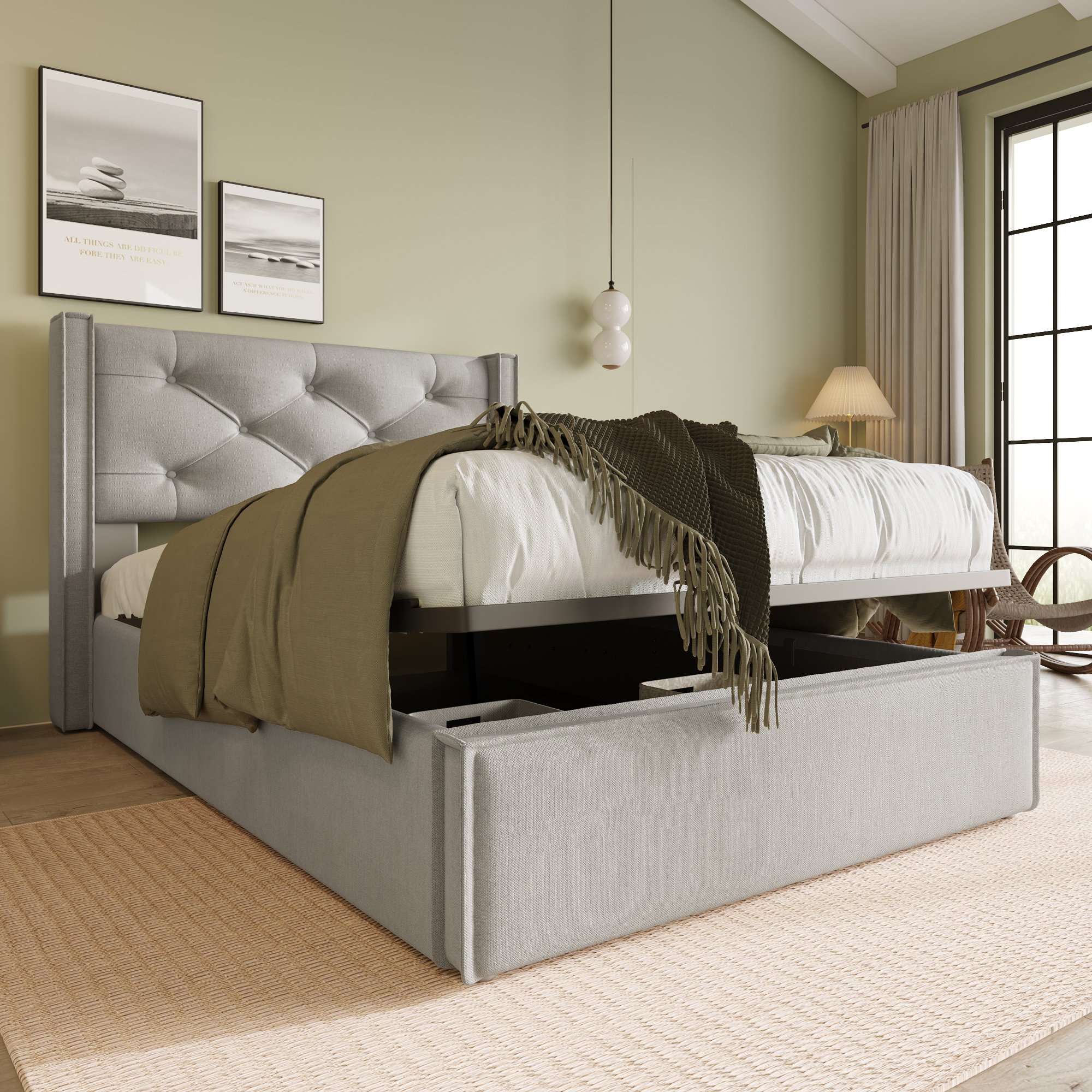 lit coffre 90x200 gris clair rembourré avec matelas et sommier à lattes, rangement hydraulique