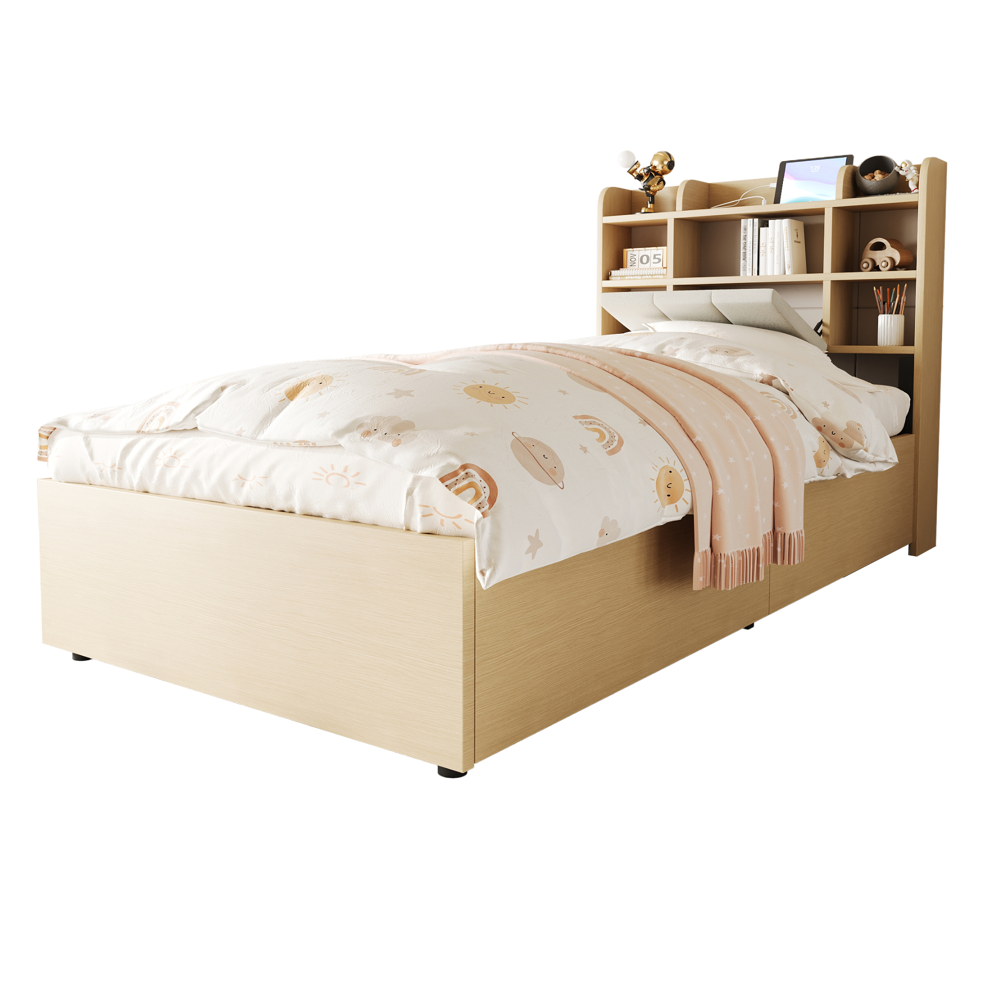Lit coffre 90x200 en bois Panneau composite de fibres de bois à densité avec rangement hydraulique, tête de lit avec étagères, ports USB et Type-C, sommier à lattes