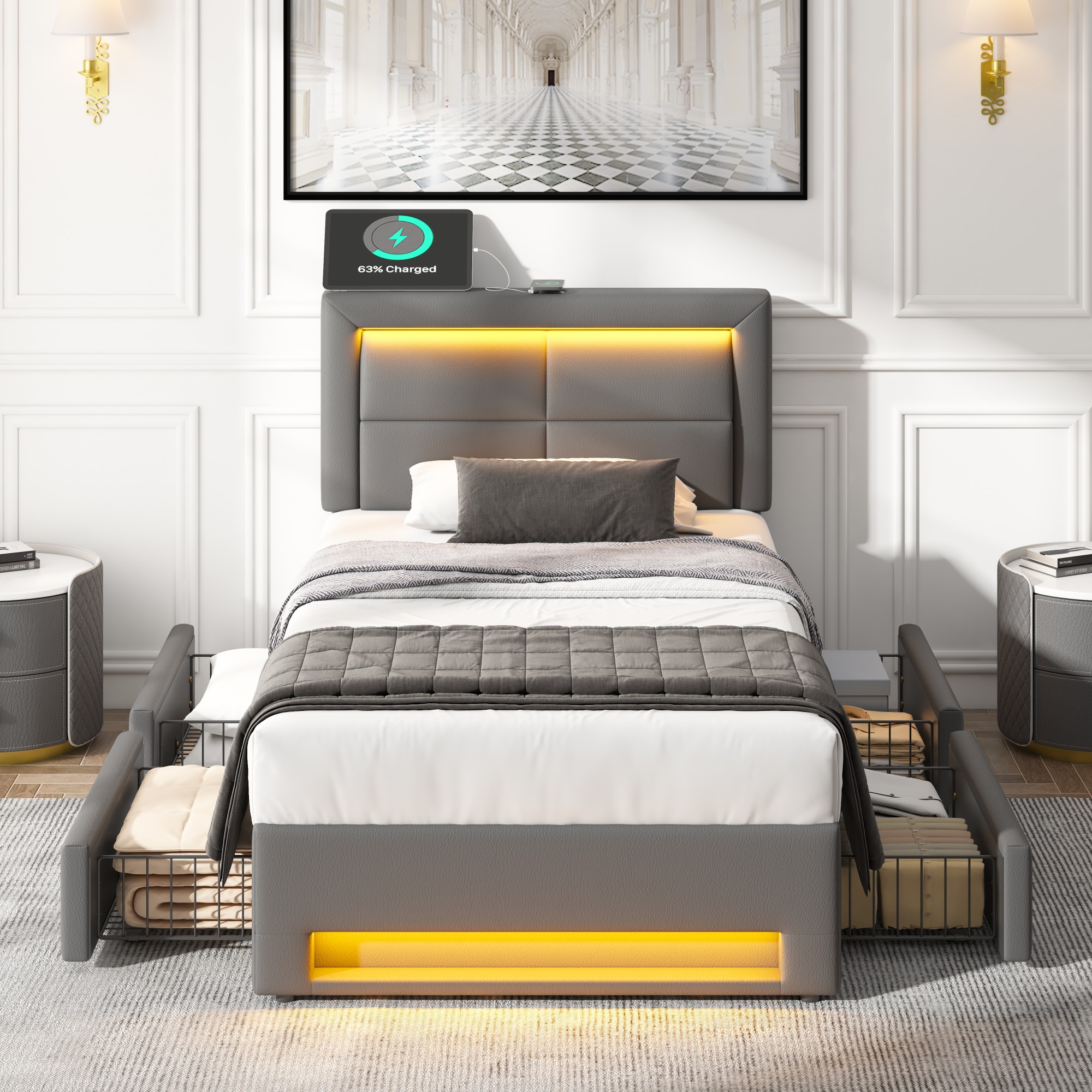 Lit rembourré 90x190 gris PU motif litchi avec LED et USB, 4 tiroirs de rangement, sans matelas, sommier à lattes robuste pour chambre moderne