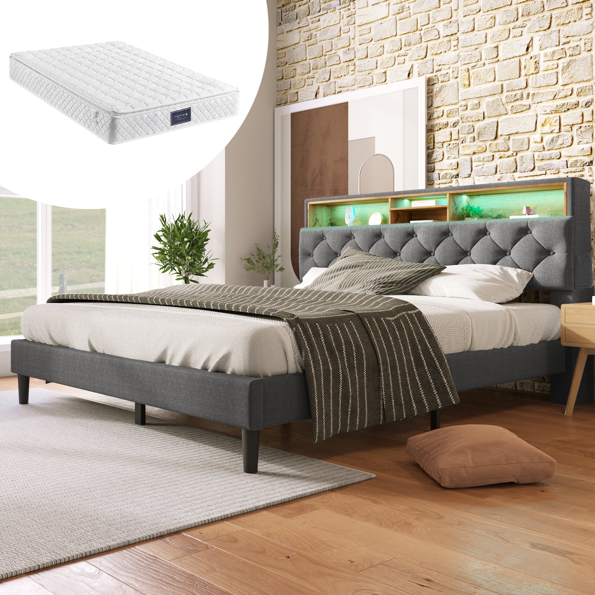 Lit coffre 140x200 gris capitonné avec LED musicale et matelas ressorts ensachés H3