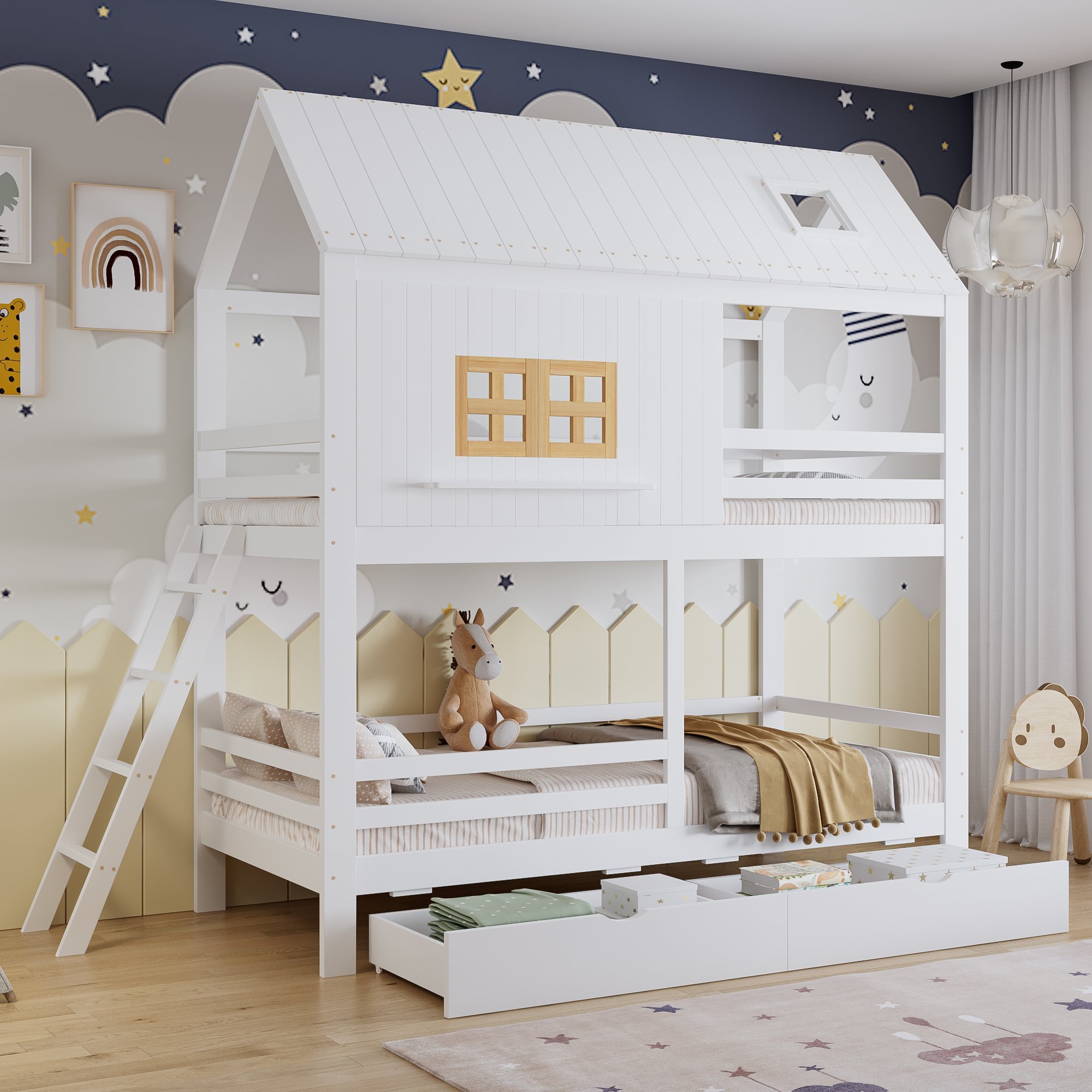 Lit superposé enfant 90x200 avec tiroirs, fenêtres et toit, en bois blanc et naturel