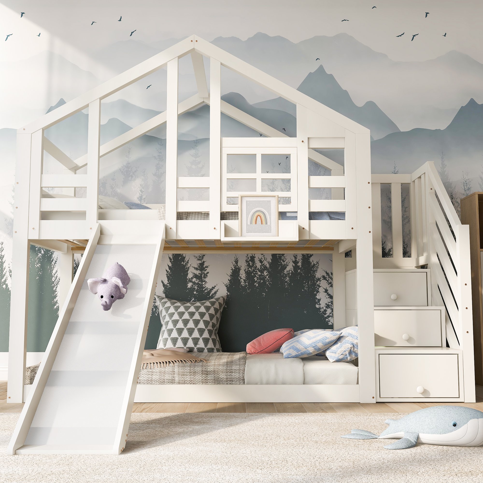 lit superposé enfant 90x200 cm en pin massif blanc avec toboggan, escalier sécurisé et rangements intégrés