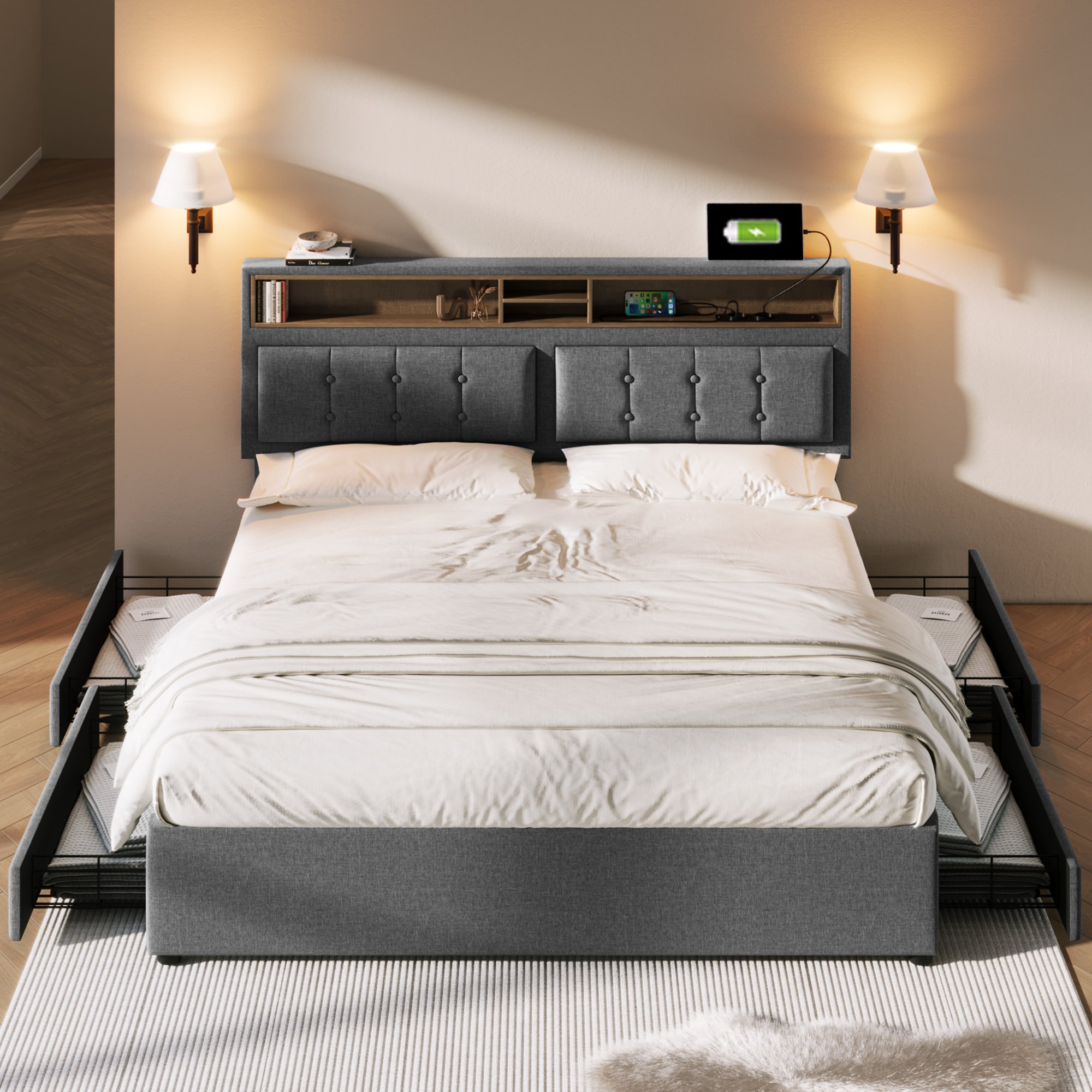 Lit rembourré 140x200 gris avec sommier à lattes, 4 tiroirs de rangement et prise USB Type-C intégrée