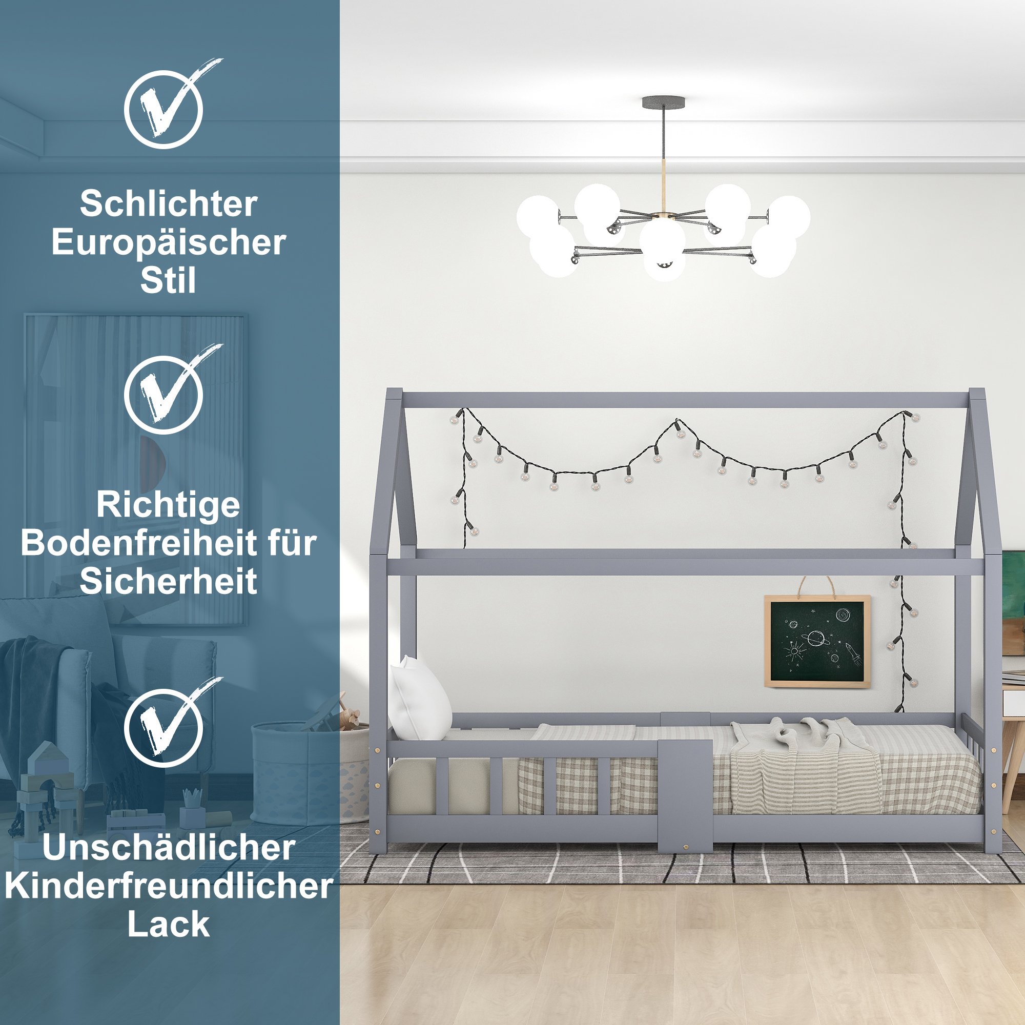 lit cabane enfant avec tableau mural pour dessiner, lit maison sécurisé avec lattes et protection anti-chute gris pin massif