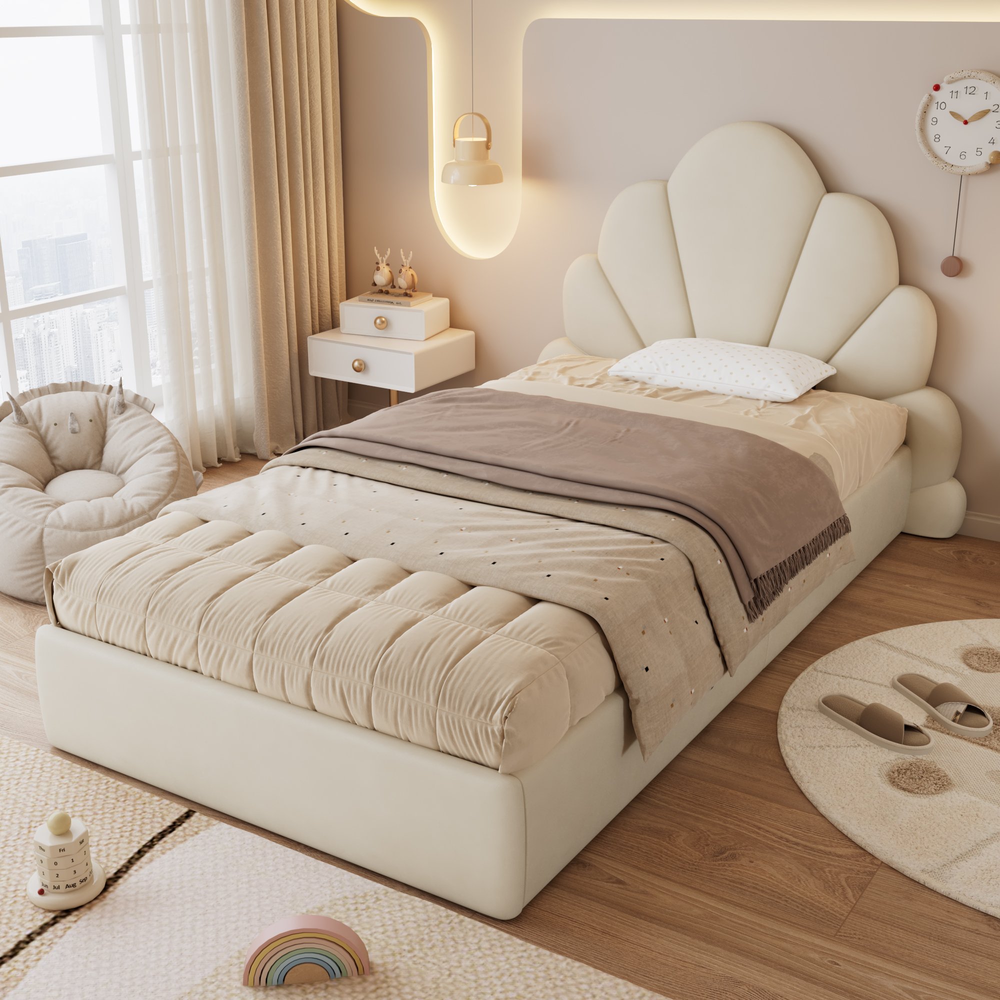 Lit rembourré 90x200 cm en velours beige avec tête de lit en forme de pétales et sommier à lattes
