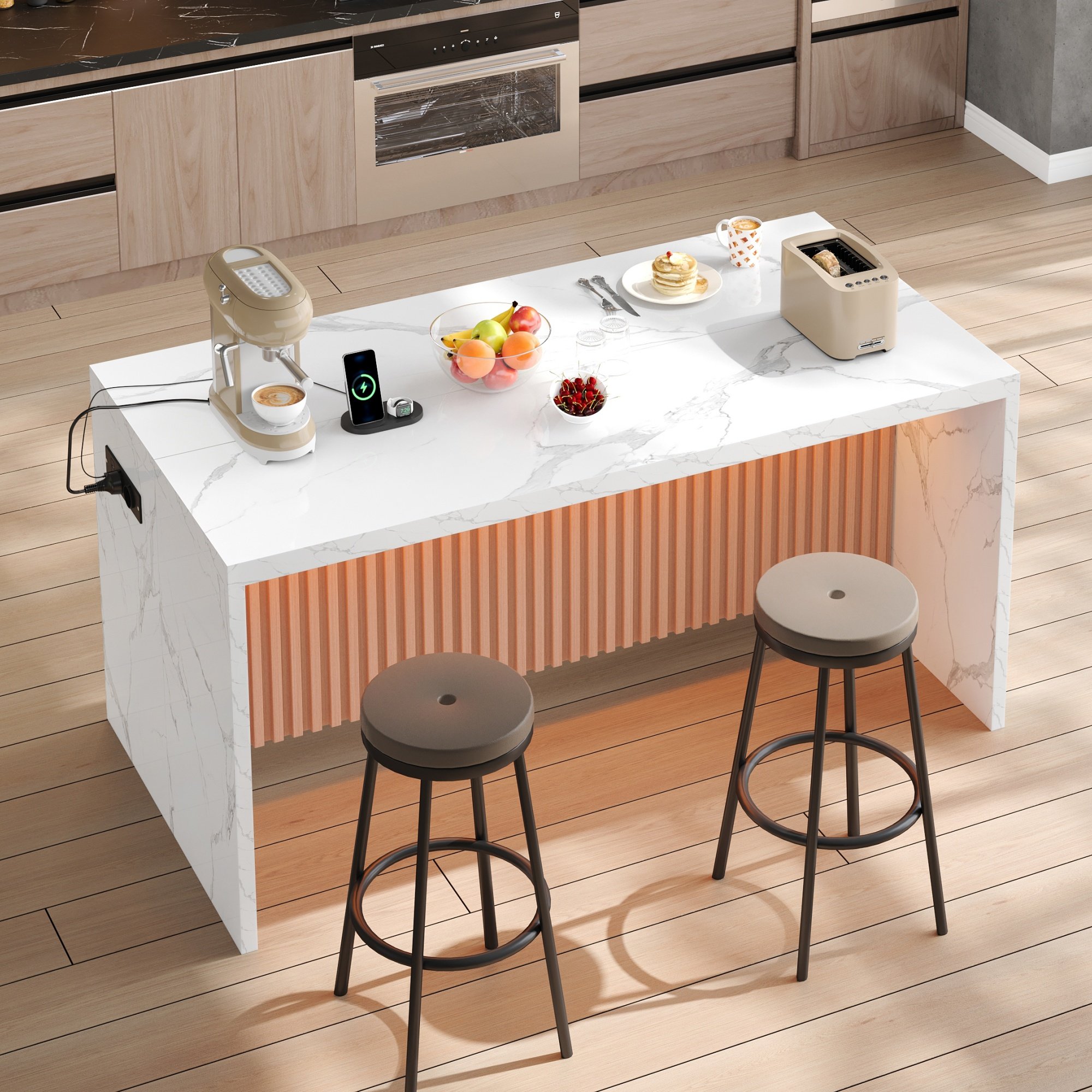 Îlot de cuisine blanc avec plan de travail en marbre, LED, prises et USB, 155x80x90 cm, Panneau composite de fibres de bois à densité, design industriel