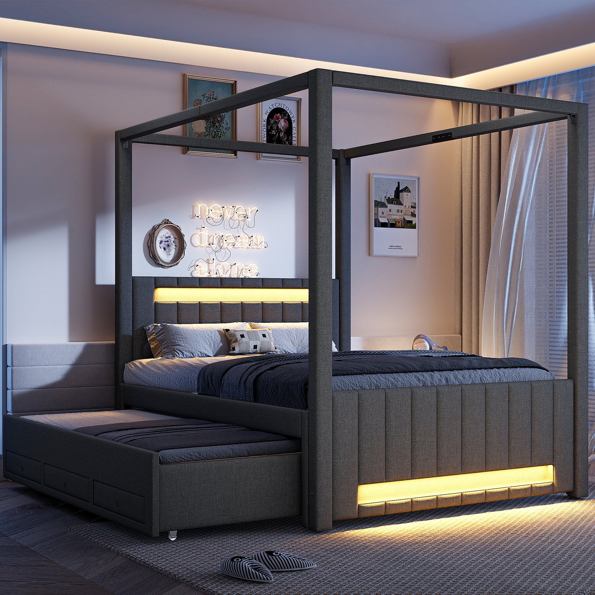 Lit gigogne avec tiroirs et LED, lit d'appoint 140x200, sommier à lattes