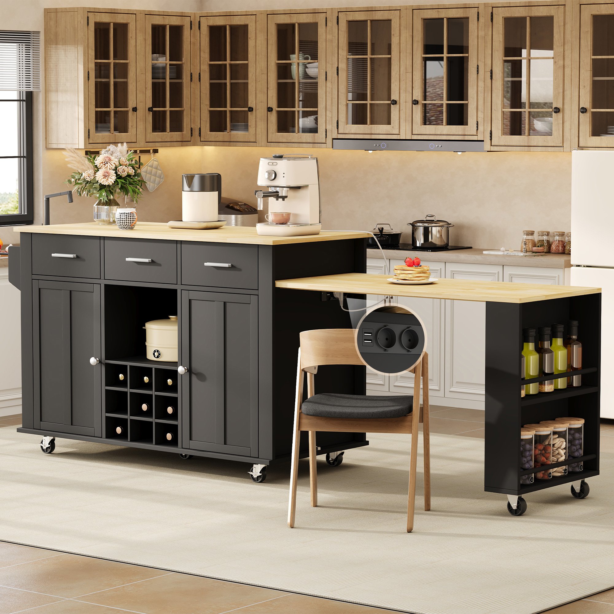Îlot de cuisine 136(223)x50x93 cm avec plan de travail extensible, rangement, 3 tiroirs, prises, noir et bois, pour 2 personnes