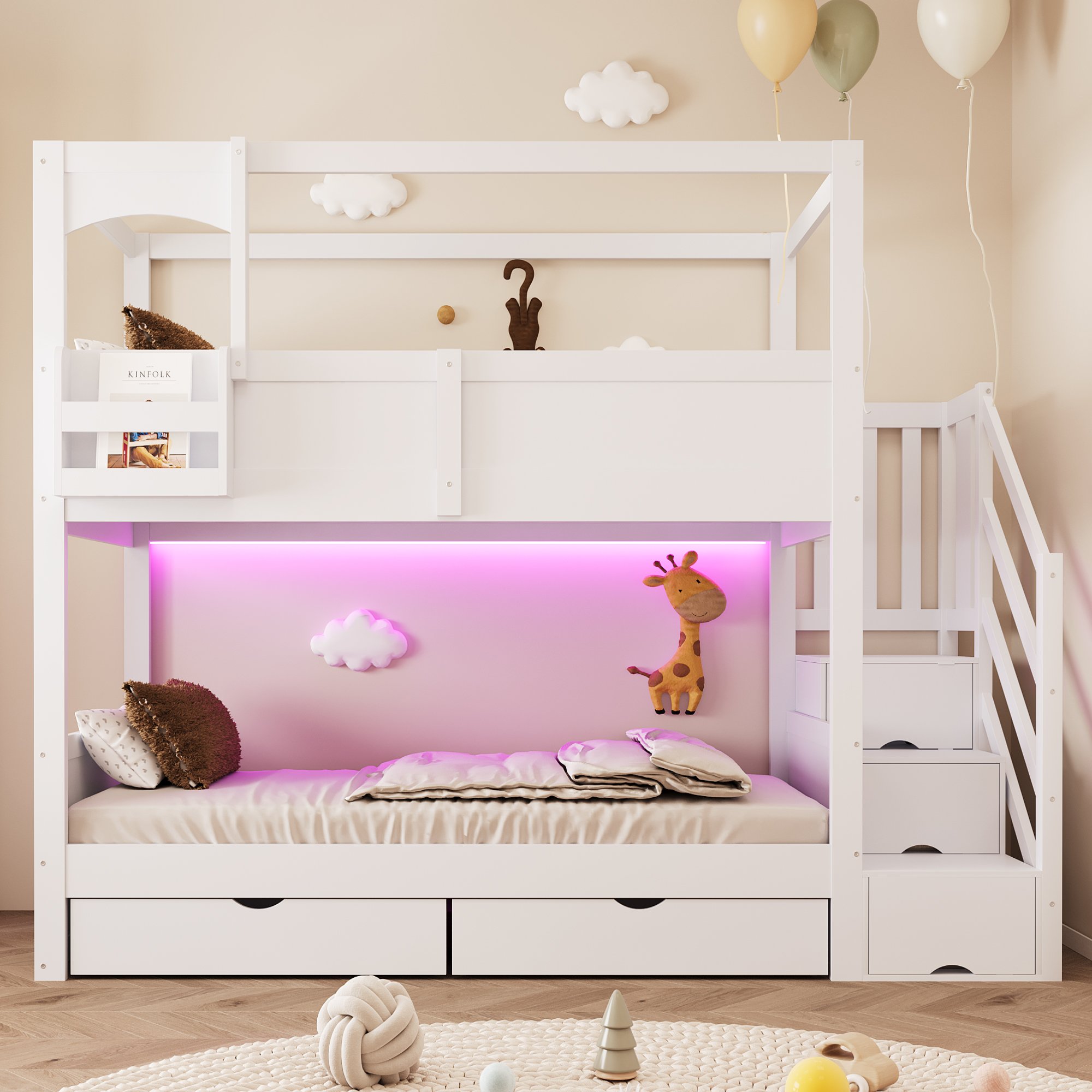 Lit superposé 90x200 cm pour enfant, 2 couchages, avec rangements et échelle, blanc