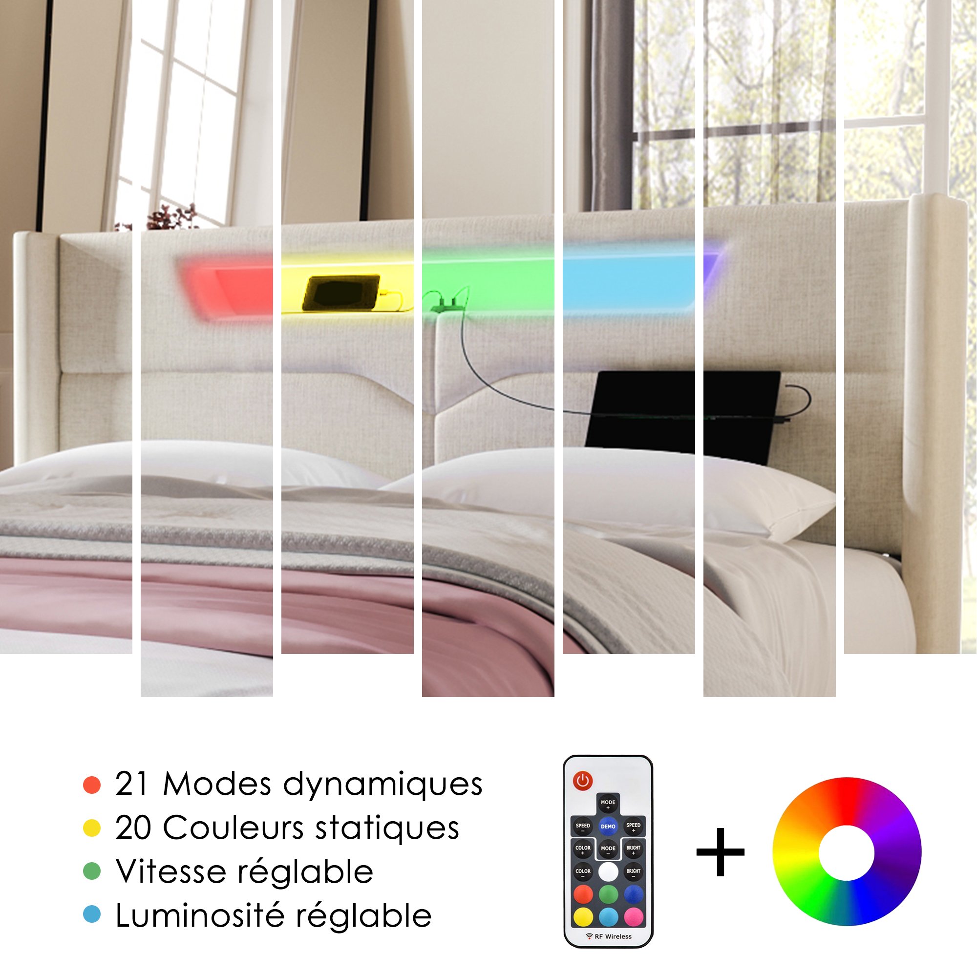 Lit coffre 140x200 avec LED et USB, lit double rembourré beige tissu lin avec sommier à lattes