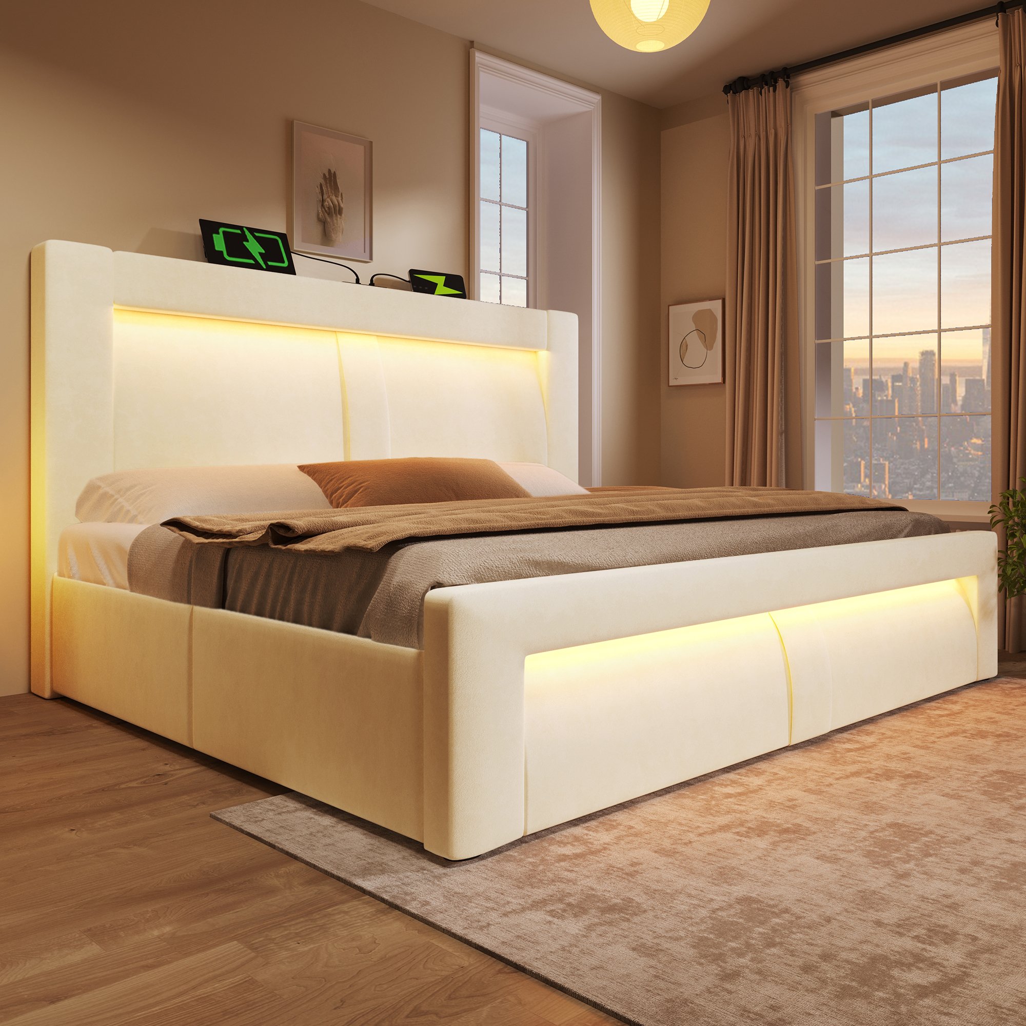 lit coffre 160x200 en velours beige avec rangement hydraulique, LED, ports USB Type-C et sommier à lattes