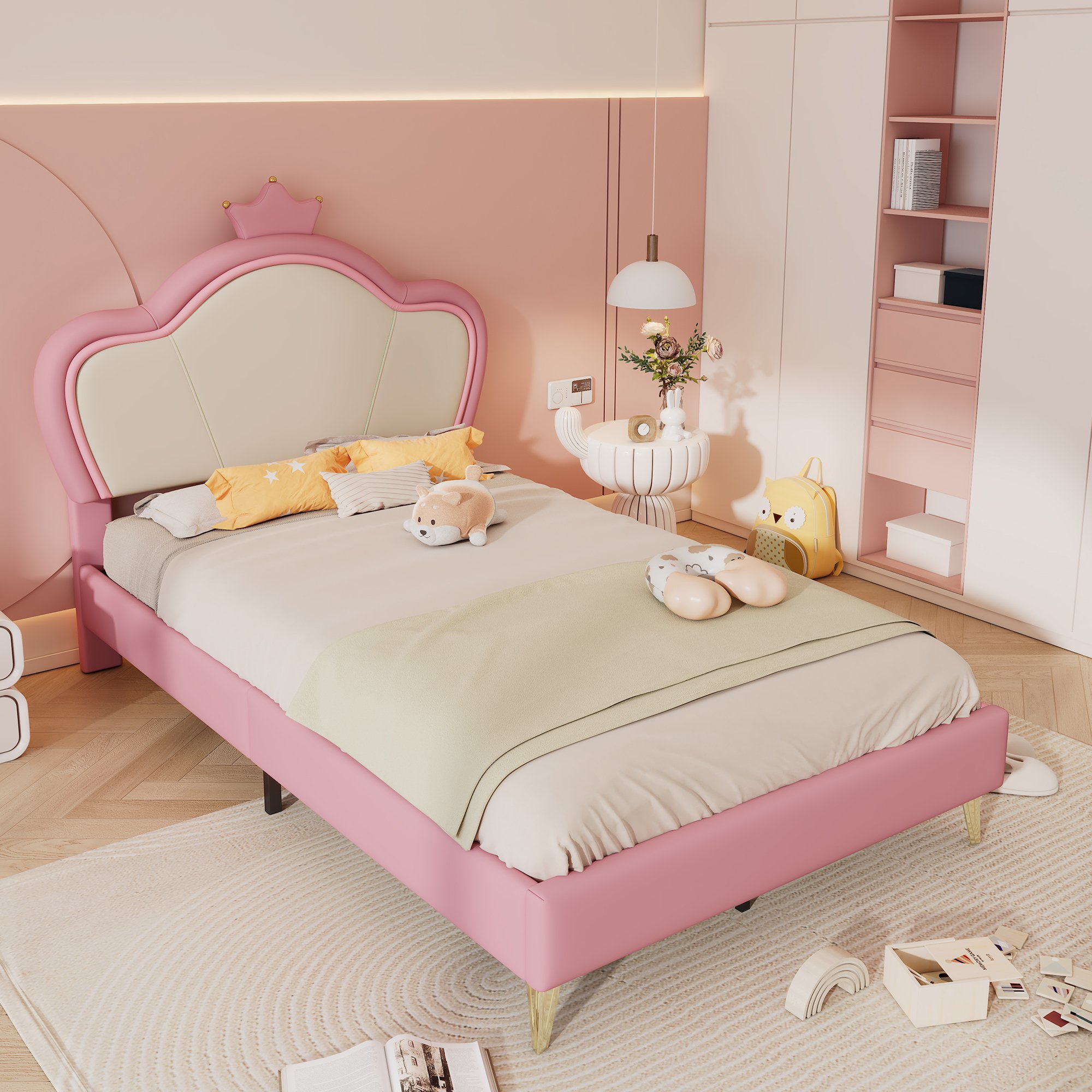 Lit enfant 90x200 avec tête de lit couronne, protections, PU, rose et blanc
