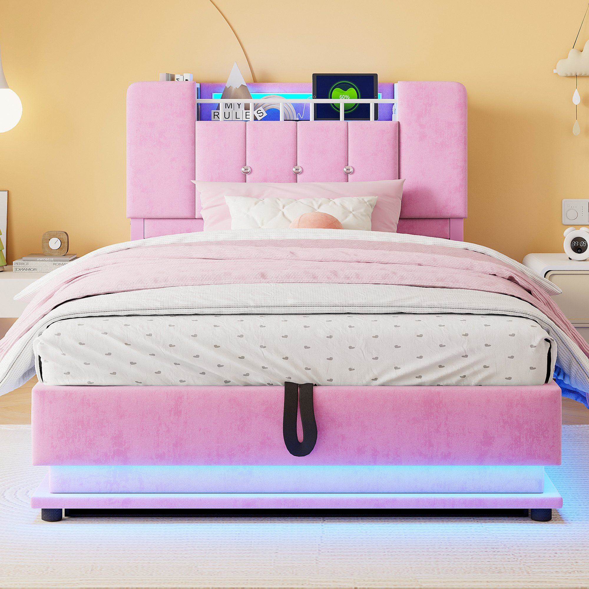 Lit coffre 90x200 en velours rose avec LED, USB et rangement hydraulique