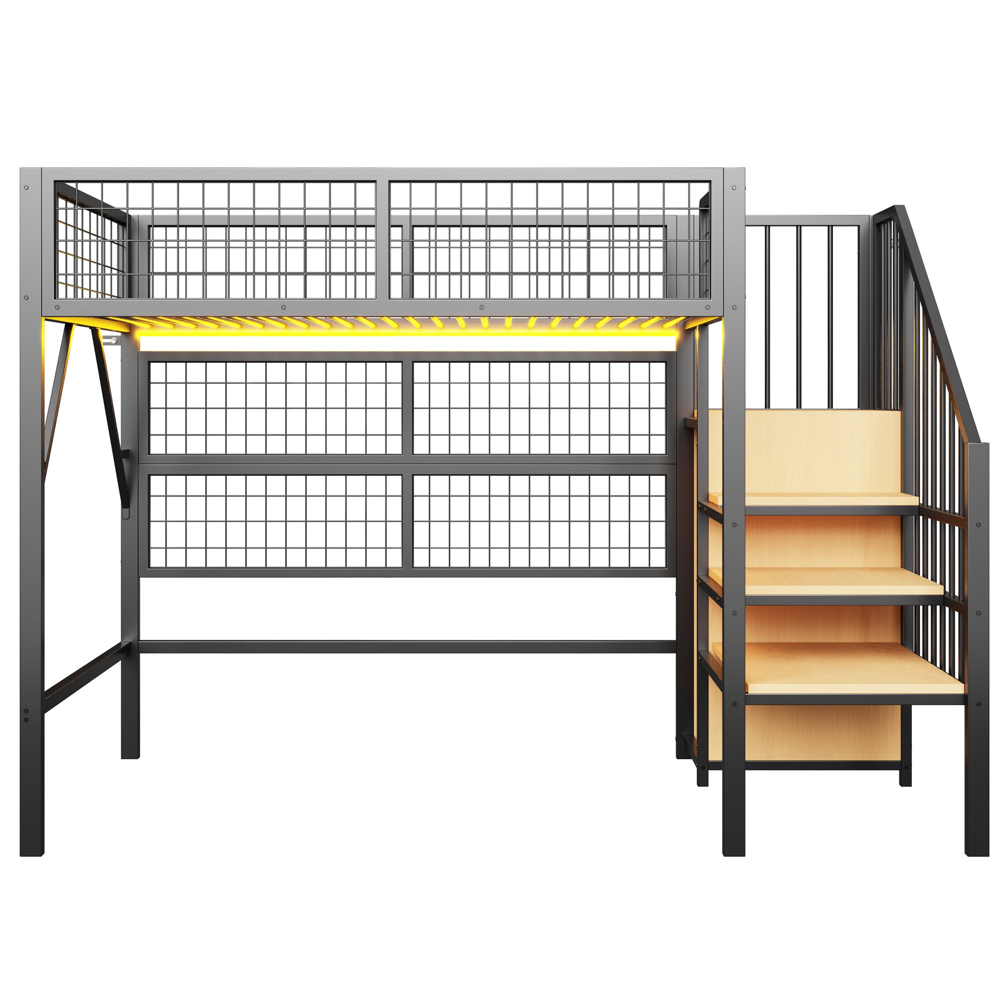 Lit superposé 90x200, 2 couchages, avec échelle, rangements et LED, pour enfant