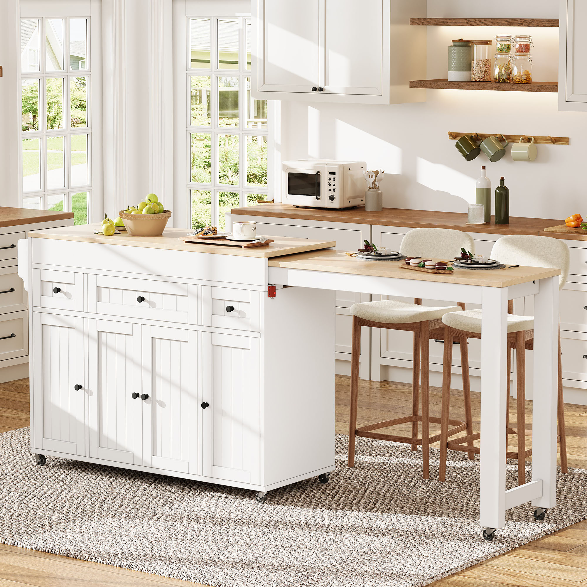 Îlot de cuisine blanc sur roulettes avec plan de travail extensible, rangements et étagère à épices, en Panneau composite de fibres de bois à densité et bois naturel