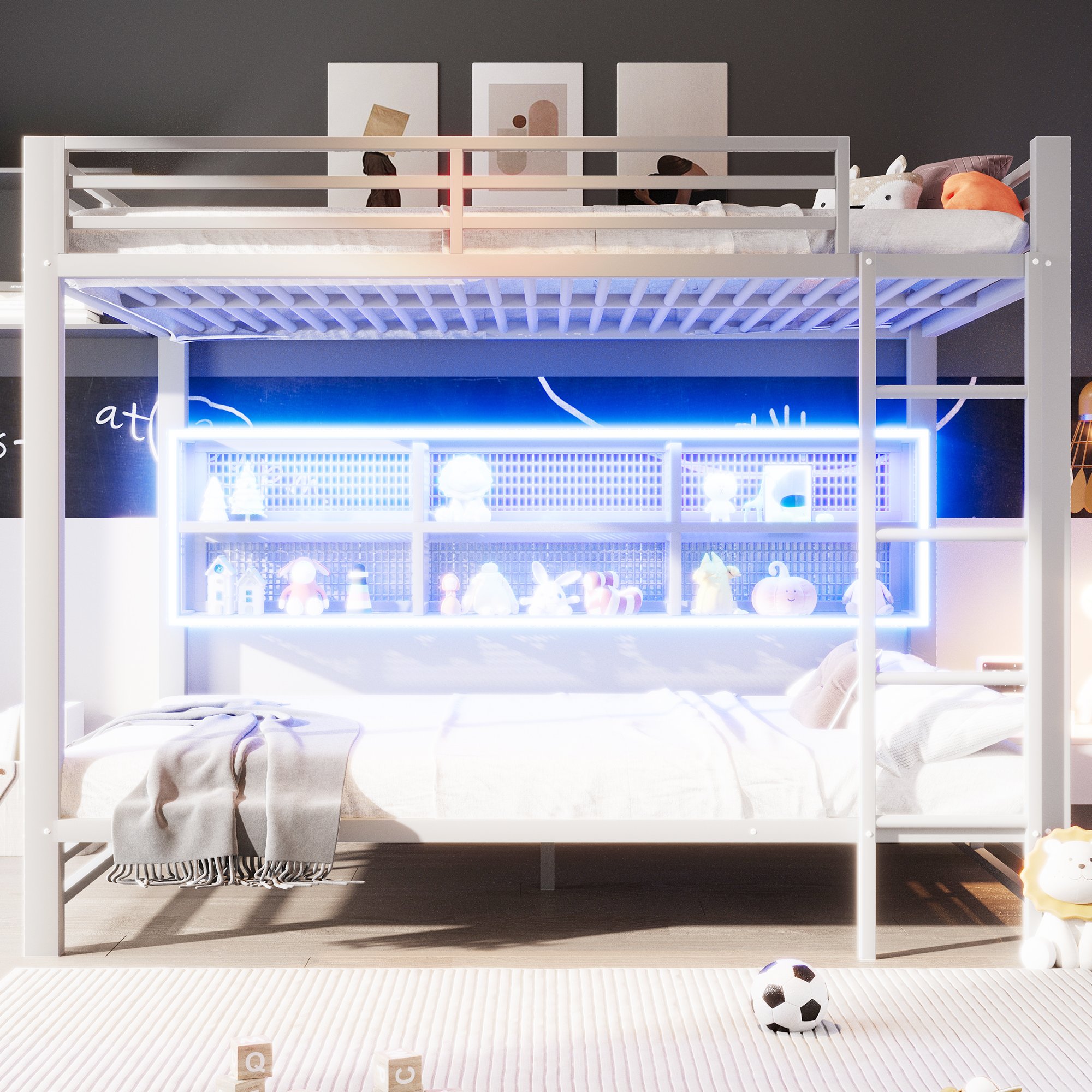 Lit superposé 140x200 cm en métal blanc avec rangements et LED intégrée