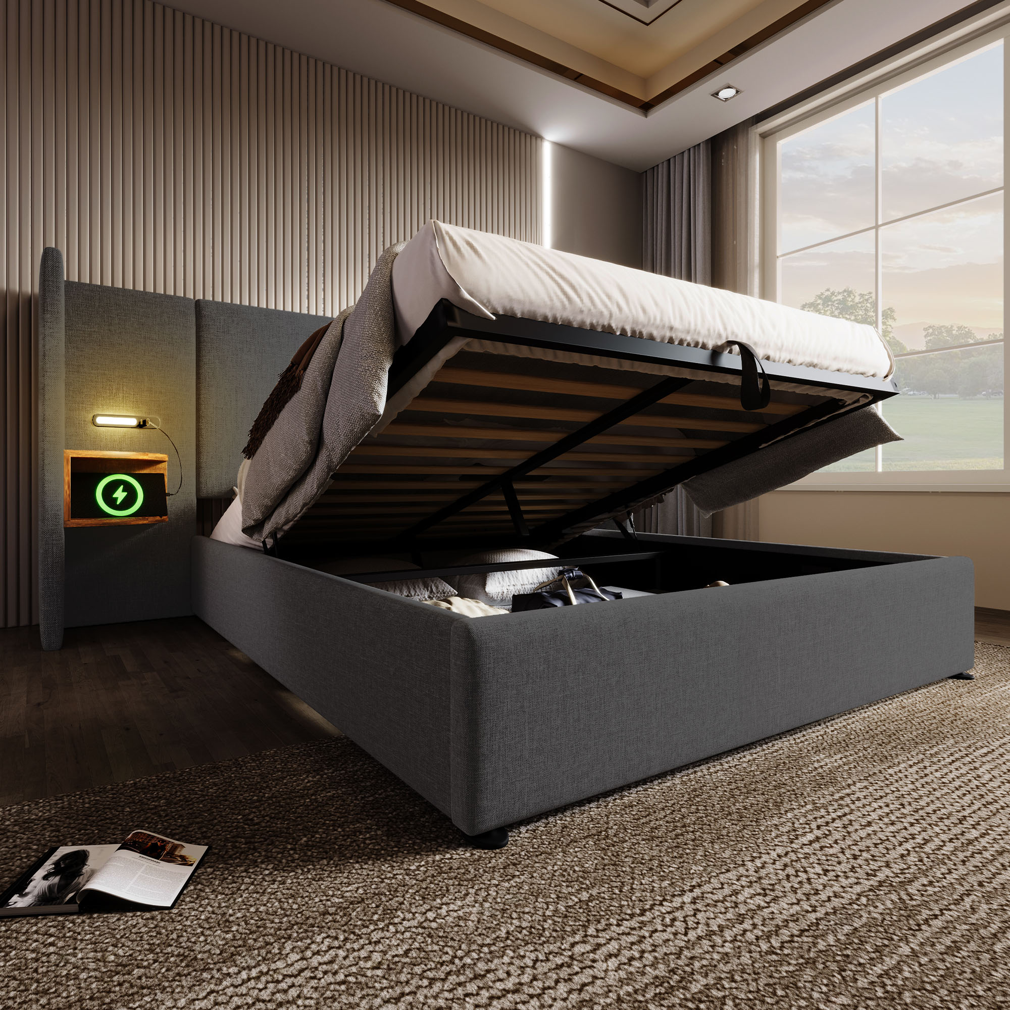 lit coffre double 160x200 avec LED tactile, USB Type-C, étagère intégrée et rangement hydraulique sous matelas