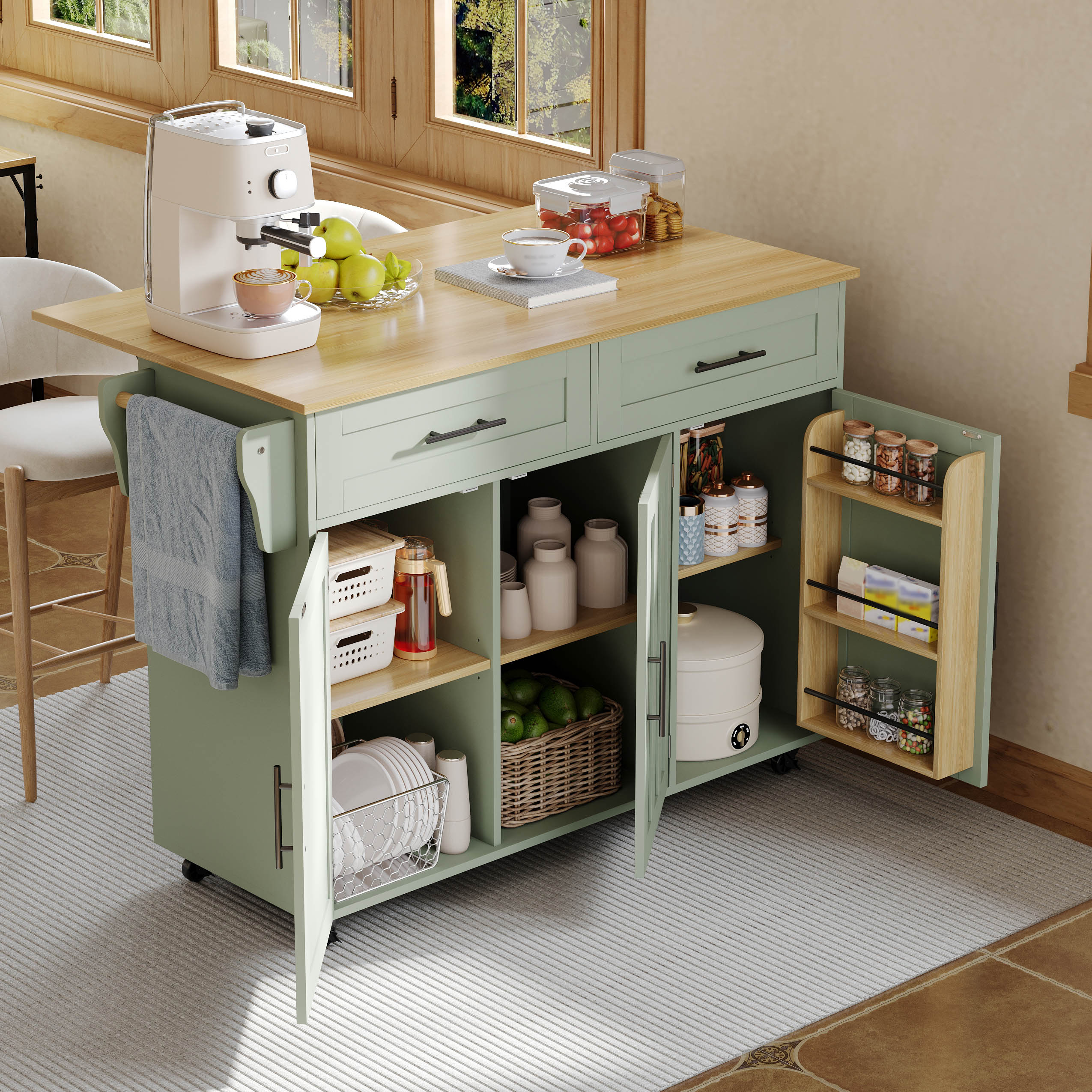 Îlot de cuisine sur roulettes avec rangement et plan de travail rabattable, vert antique, 129x71x91,5 cm, en Panneau composite de fibres de bois à densité et bois massif