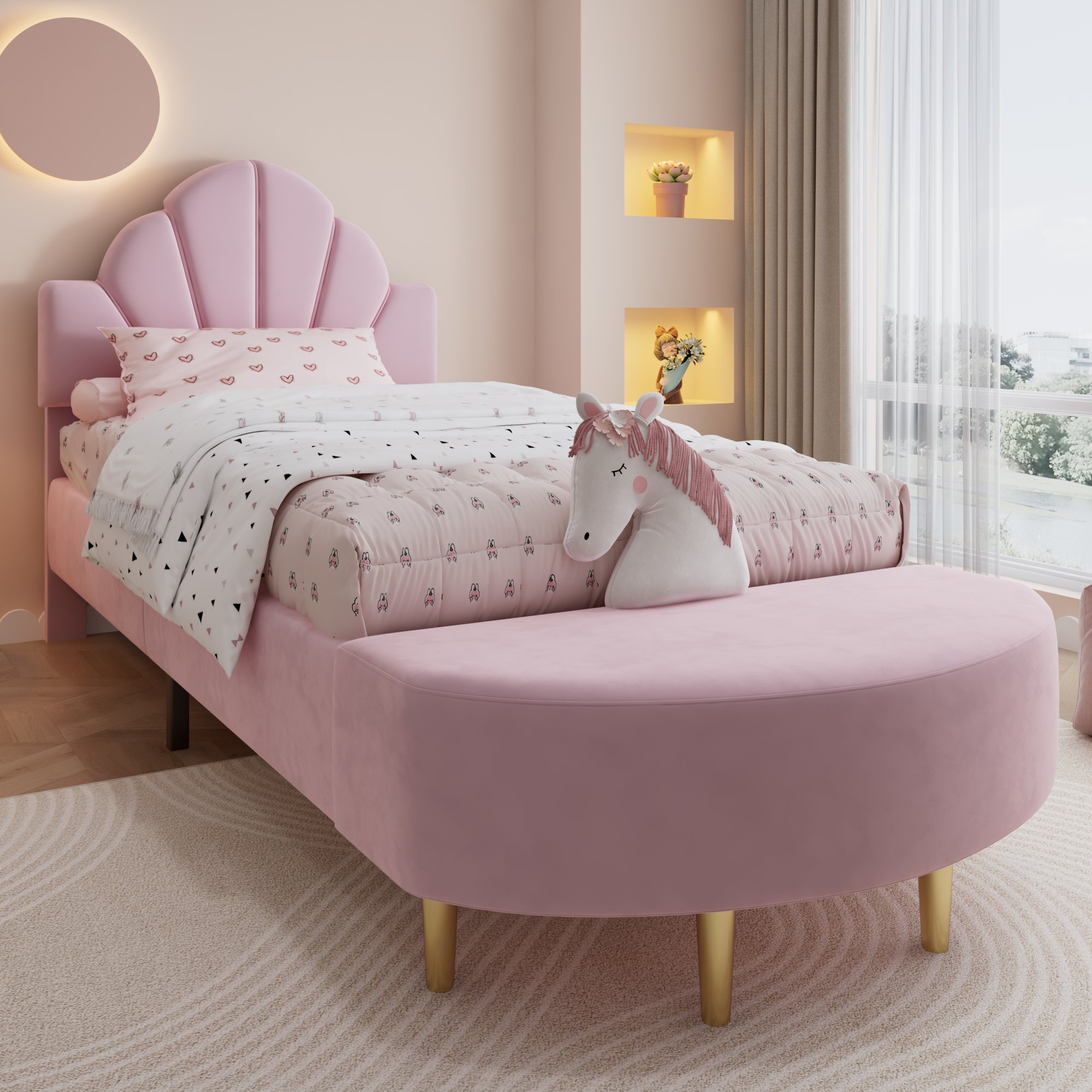 Lit capitonné 90x200 velours rose avec tête de lit et banc assorti
