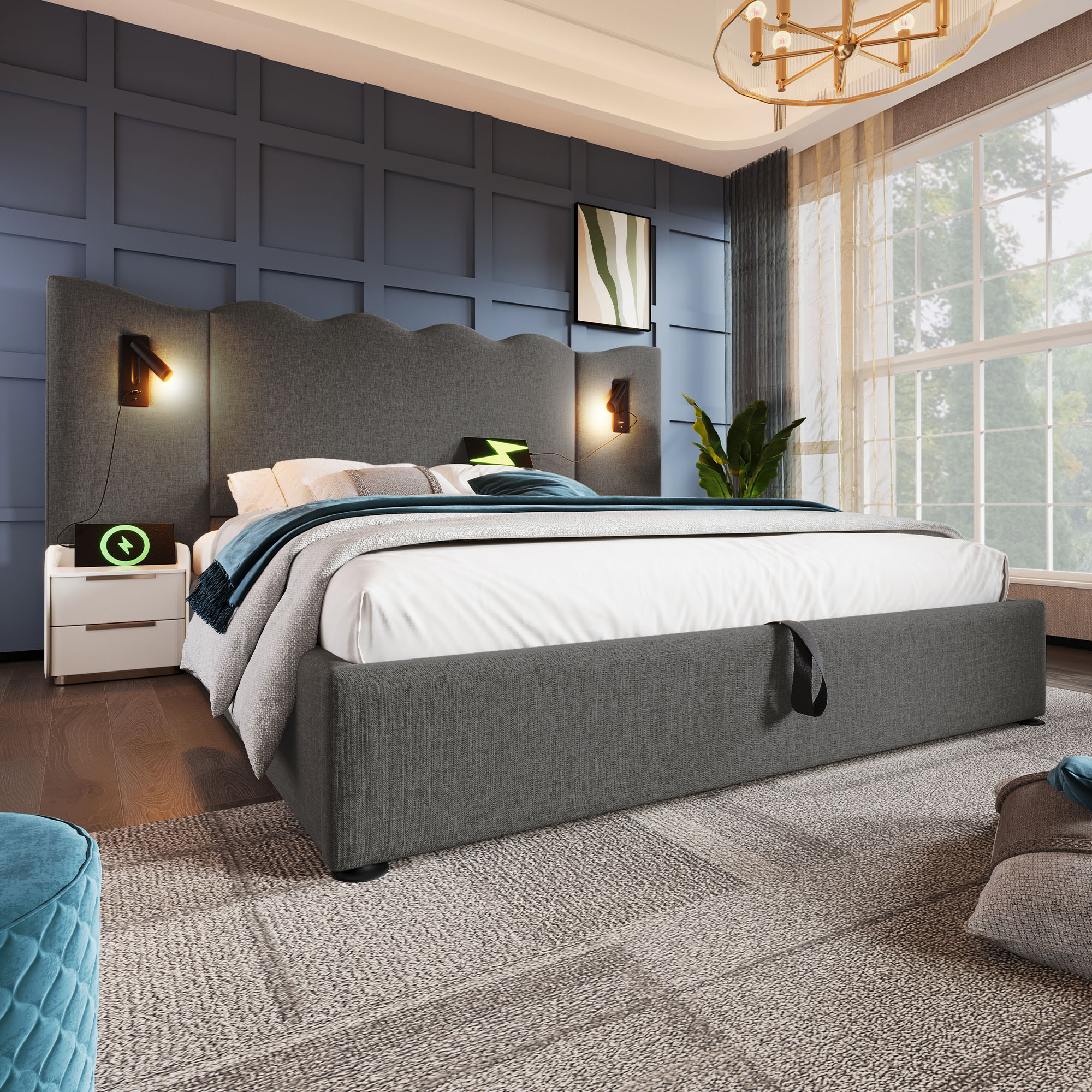 lit coffre 160x200 cm gris clair avec tête de lit capitonnée ondulée, espace sous matelas pour rangement et table de chevet