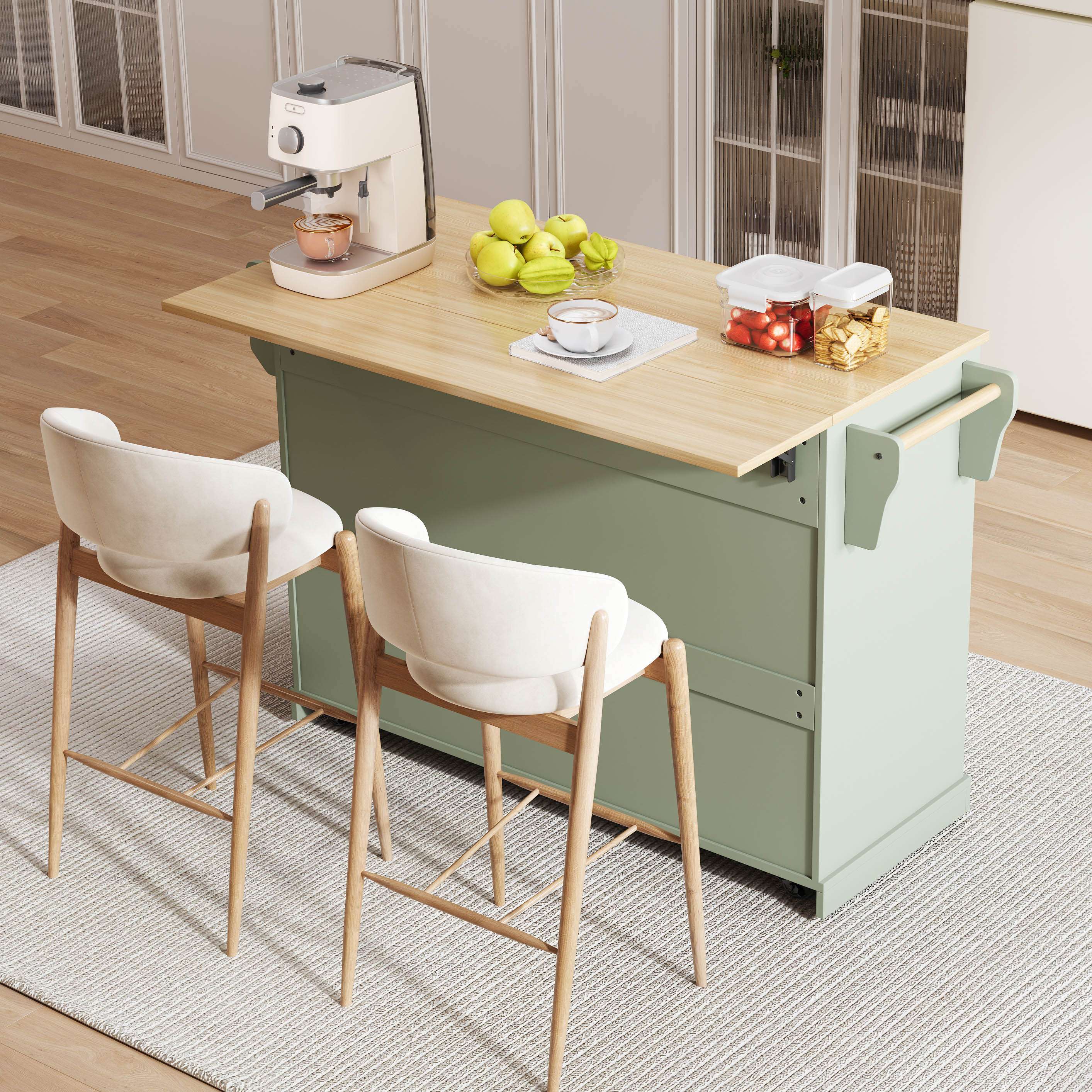 Îlot de cuisine en Panneau composite de fibres de bois à densité vert antique avec étagères réglables, porte-serviettes, porte-épices et 5 roulettes dont 2 freinables