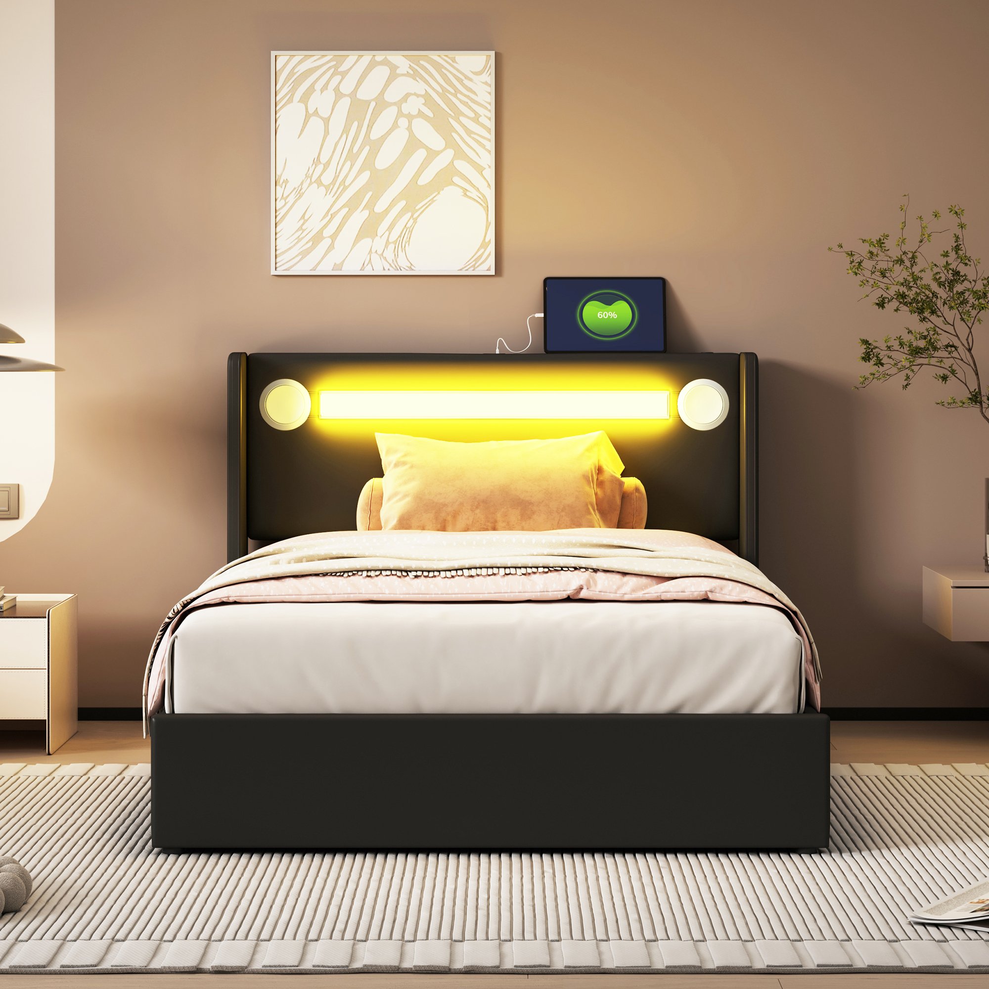 Lit coffre 90x200 en cuir PU, structure Panneau composite de fibres de bois à densité et métal, avec rangement