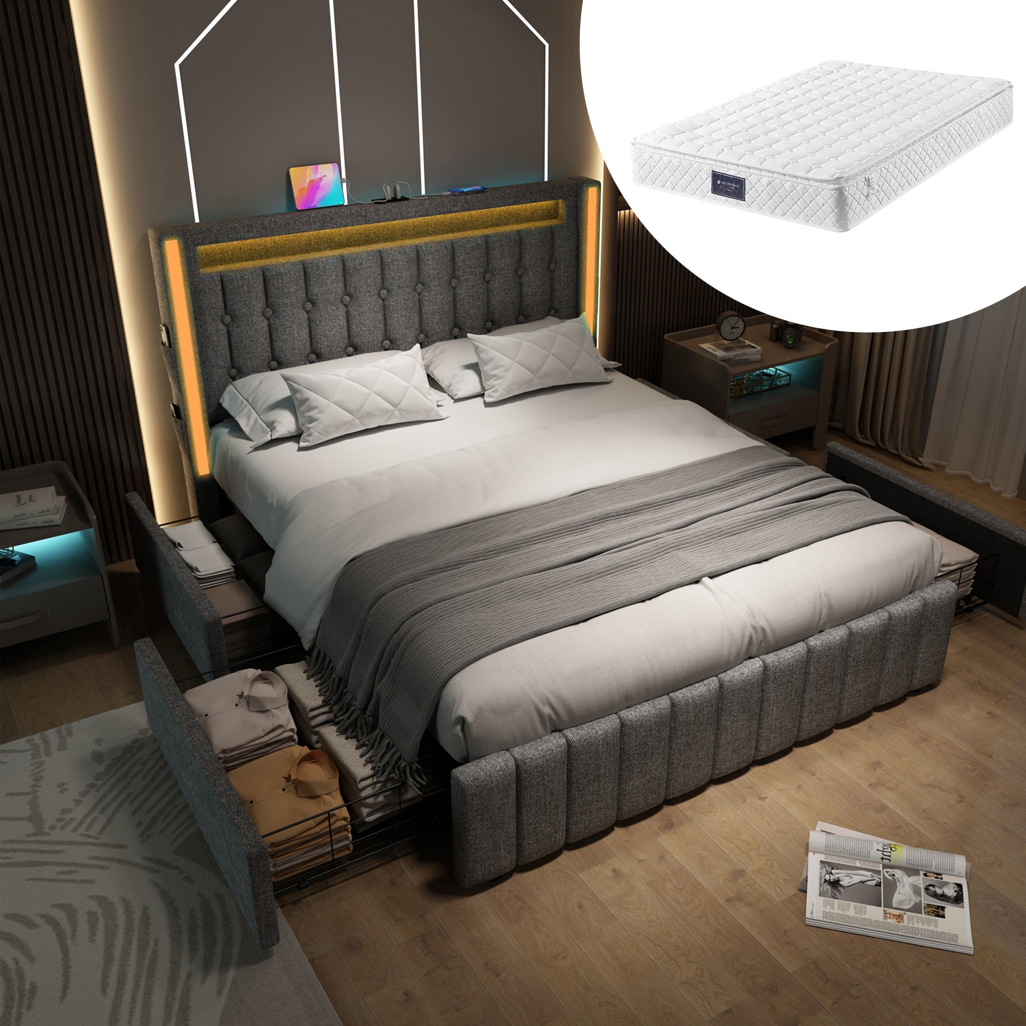 Cadre de lit 140x200 tissu lin gris, tête de lit rembourrée, sommier bois et matelas H3