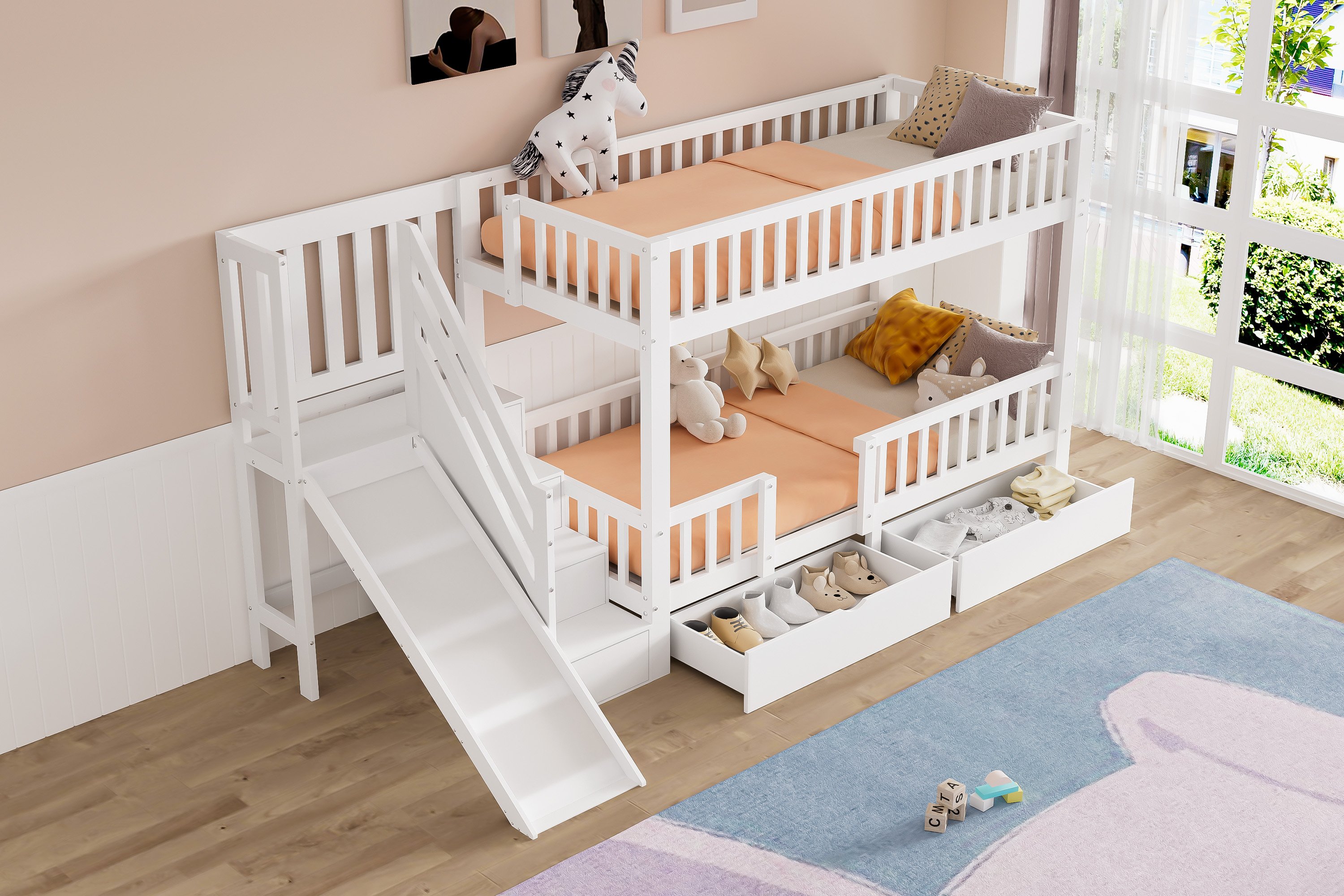 Lit superposé enfant 90x200 cm, dimensions totales 293,5 x 154,5 x 150 cm, bois massif blanc avec rangements et toboggan